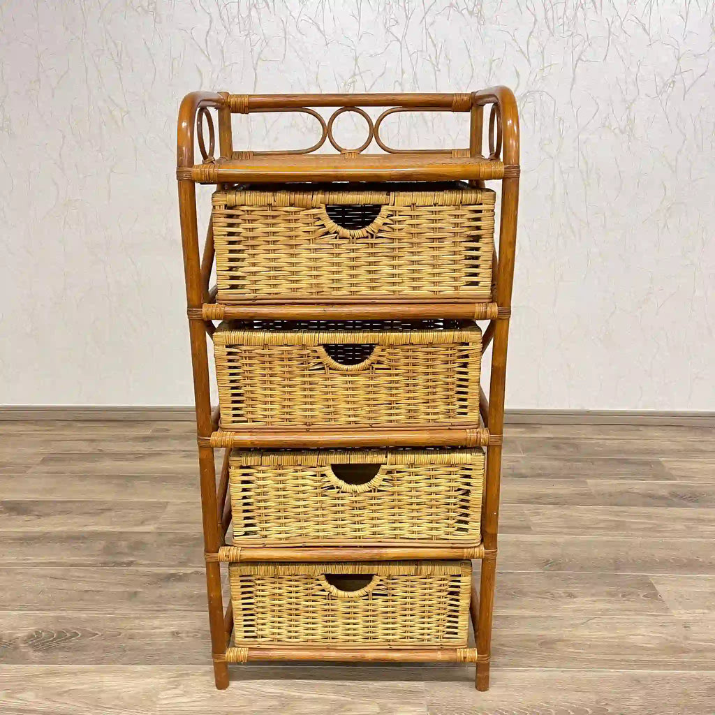 ヴィンテージ ラタンチェスト キャビネット 籐家具 収納 レトロ ビンテージ 4段チェスト(キャビネット) / ラタン (籐) / 取り外し可能引き出し
