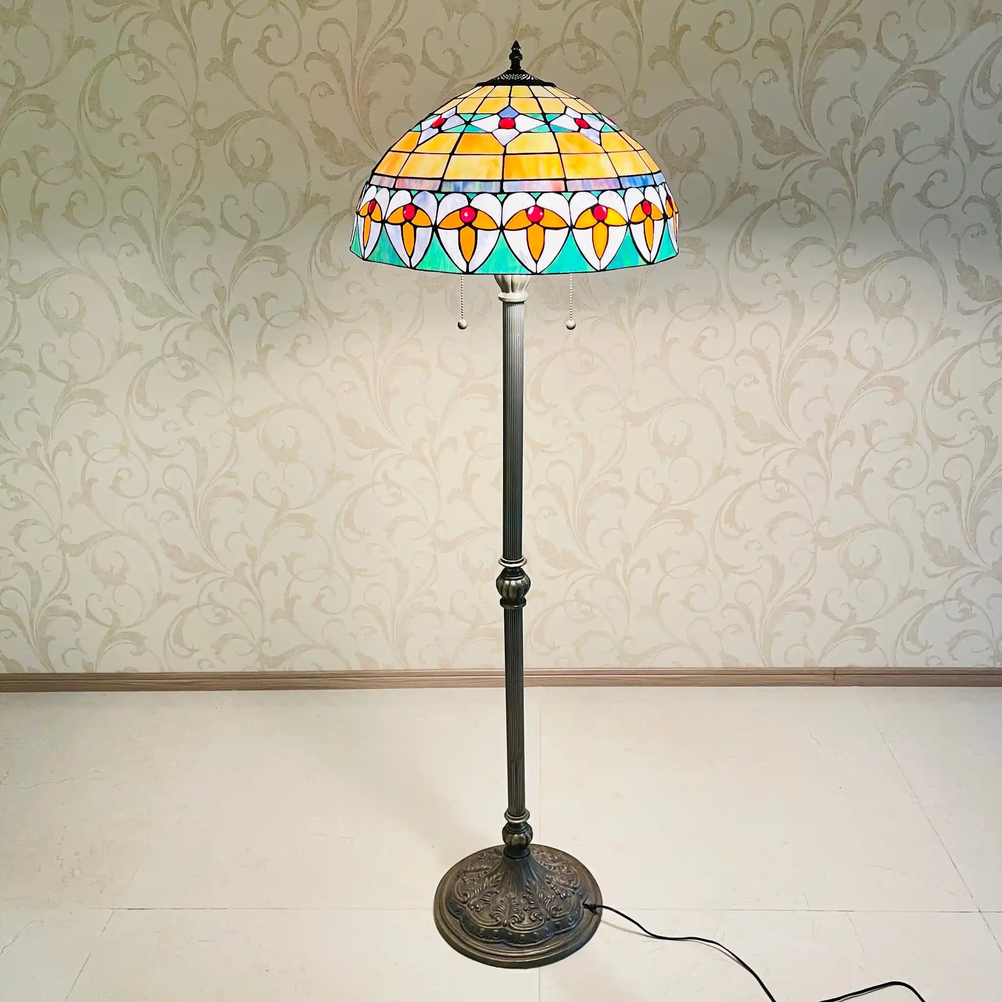 Vintage lamp with stained glass shade, likely from the late 20th century, made in England.