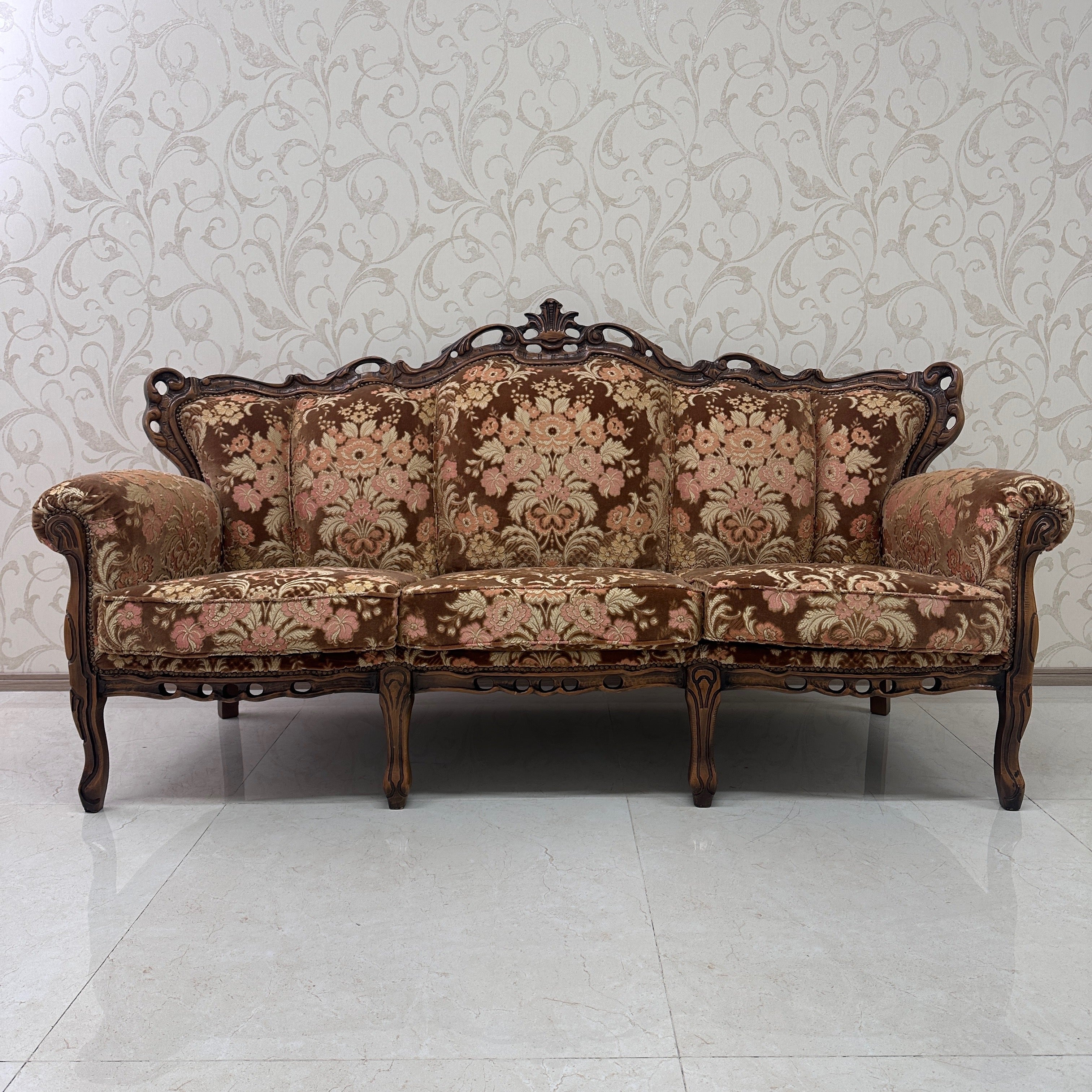 【ビンテージ】 3Pソファ / ロココ調 / ブナ材 / 金華山織