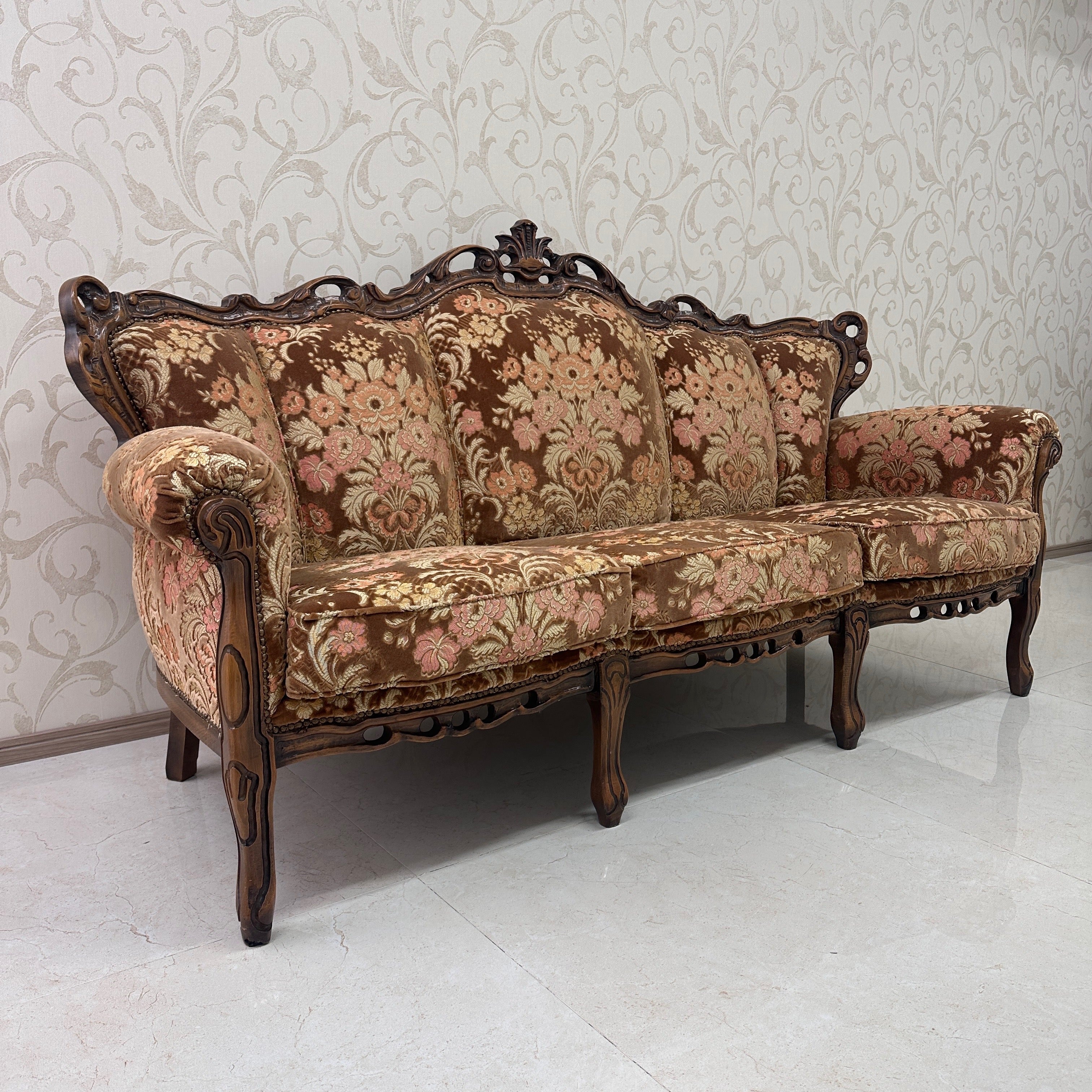 【ビンテージ】 3Pソファ / ロココ調 / ブナ材 / 金華山織
