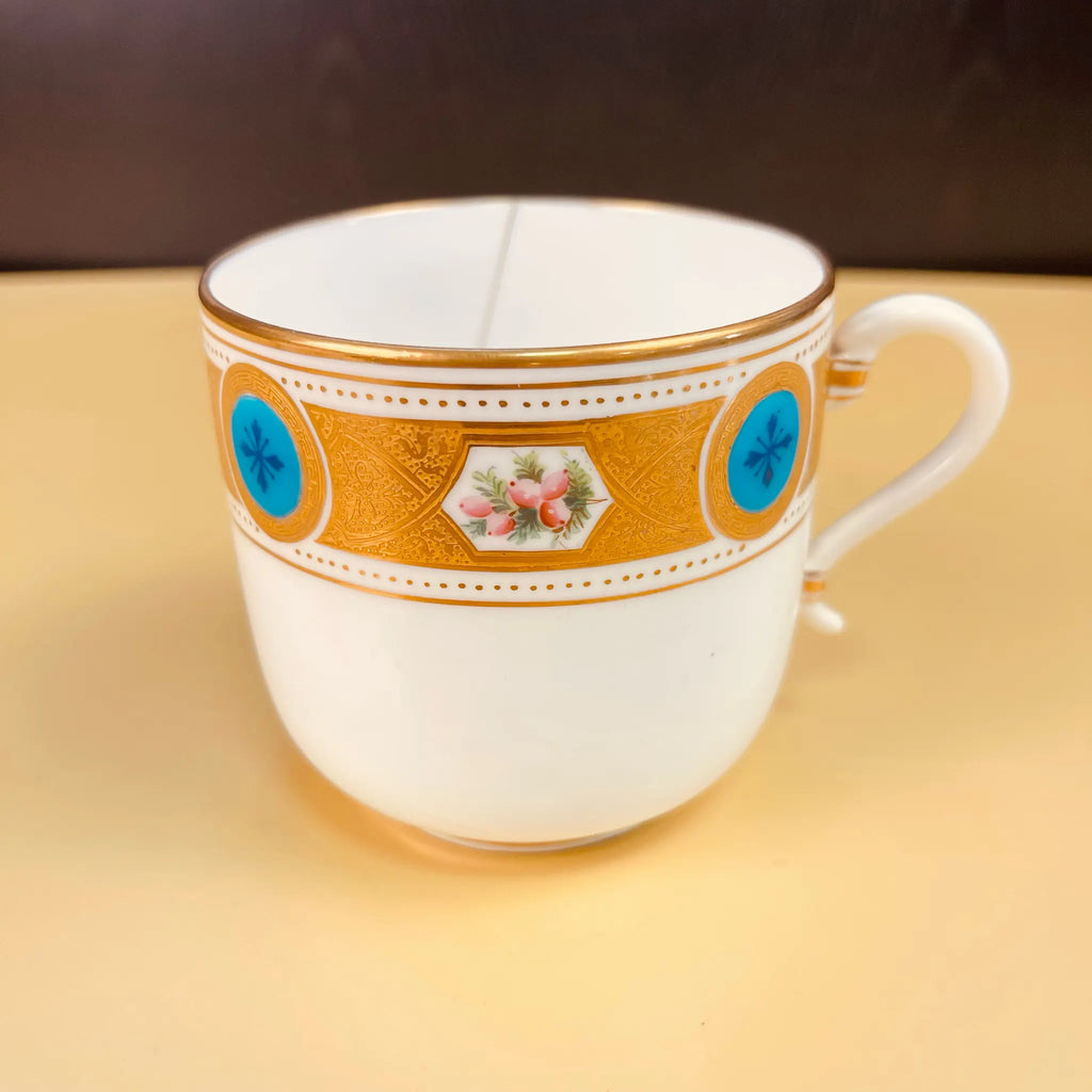 【美品】オールドミントン コバルト地 金彩エンボス装飾 ブイヨンカップ＆ソーサー Minton(ミントン) / ティーカップ(コーヒーカップ) / ターコイズ