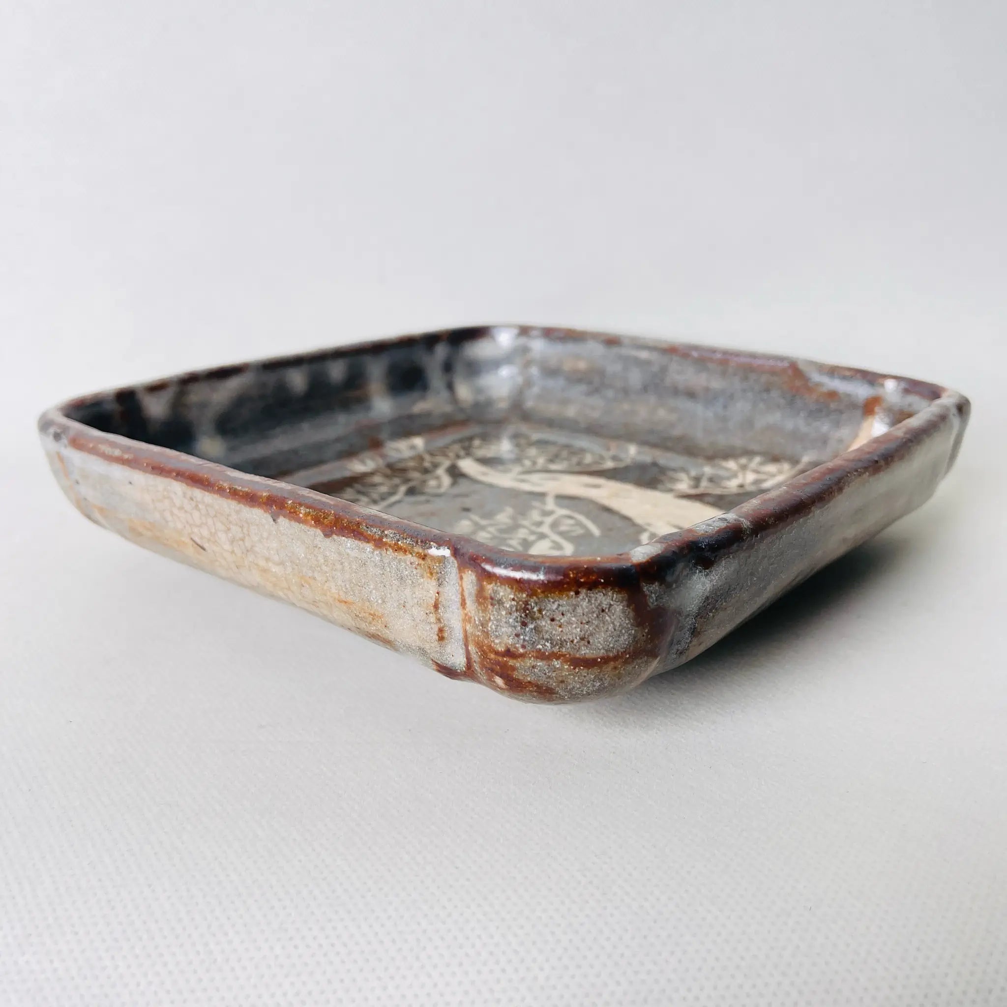 【骨董品】角鉢 四方鉢 松絵 泥陶 深川勝美 鼡志野
