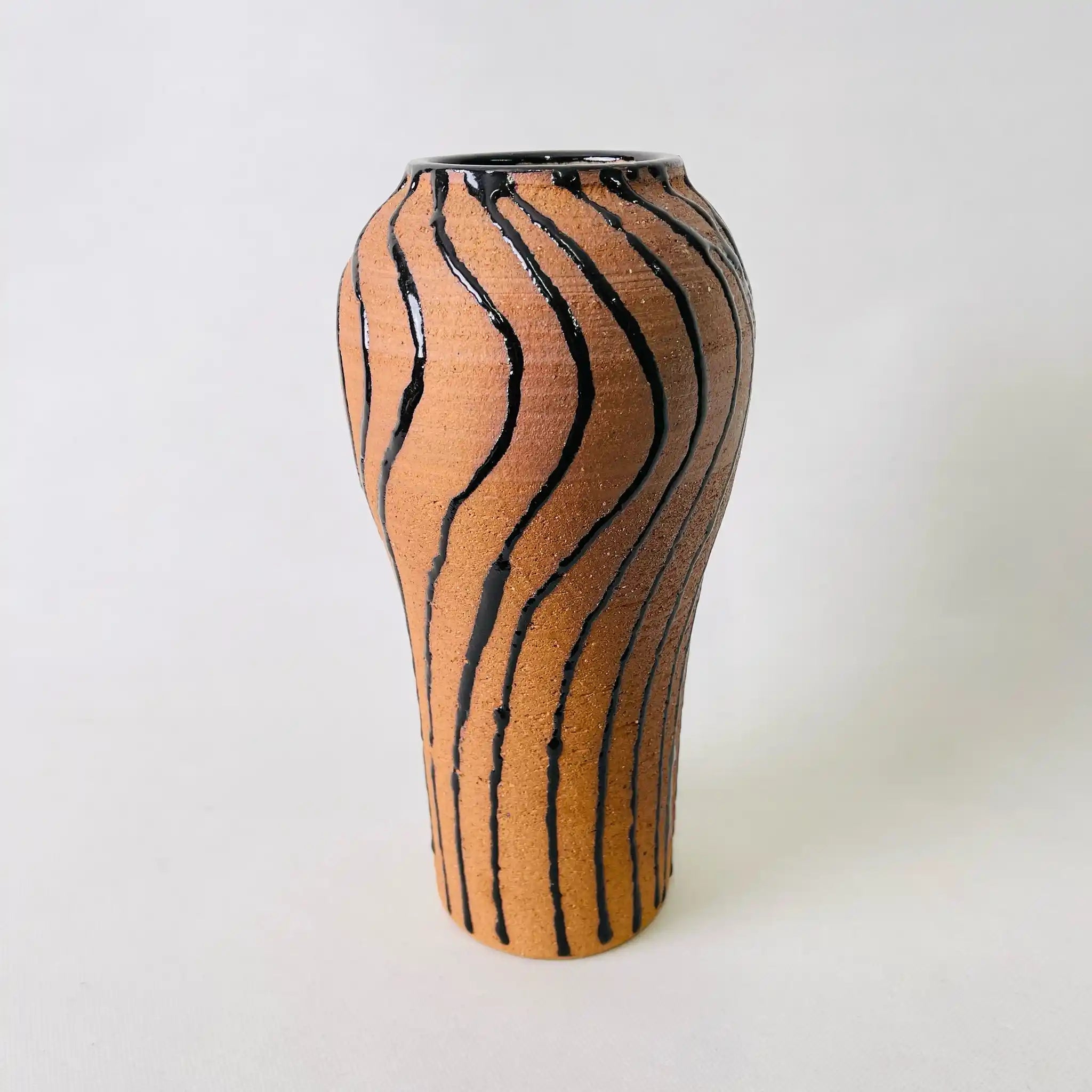 【骨董品】 フラワーベース(花瓶) / 黒釉, / 木目紋 / 箱付き