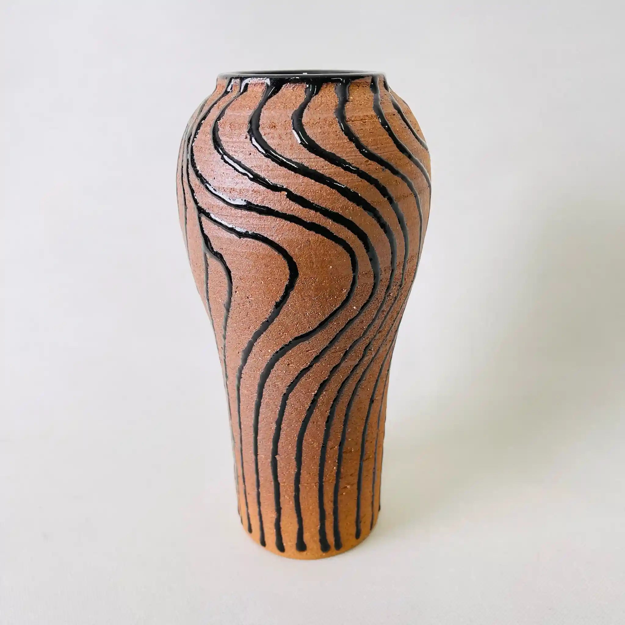 【骨董品】 フラワーベース(花瓶) / 黒釉, / 木目紋 / 箱付き