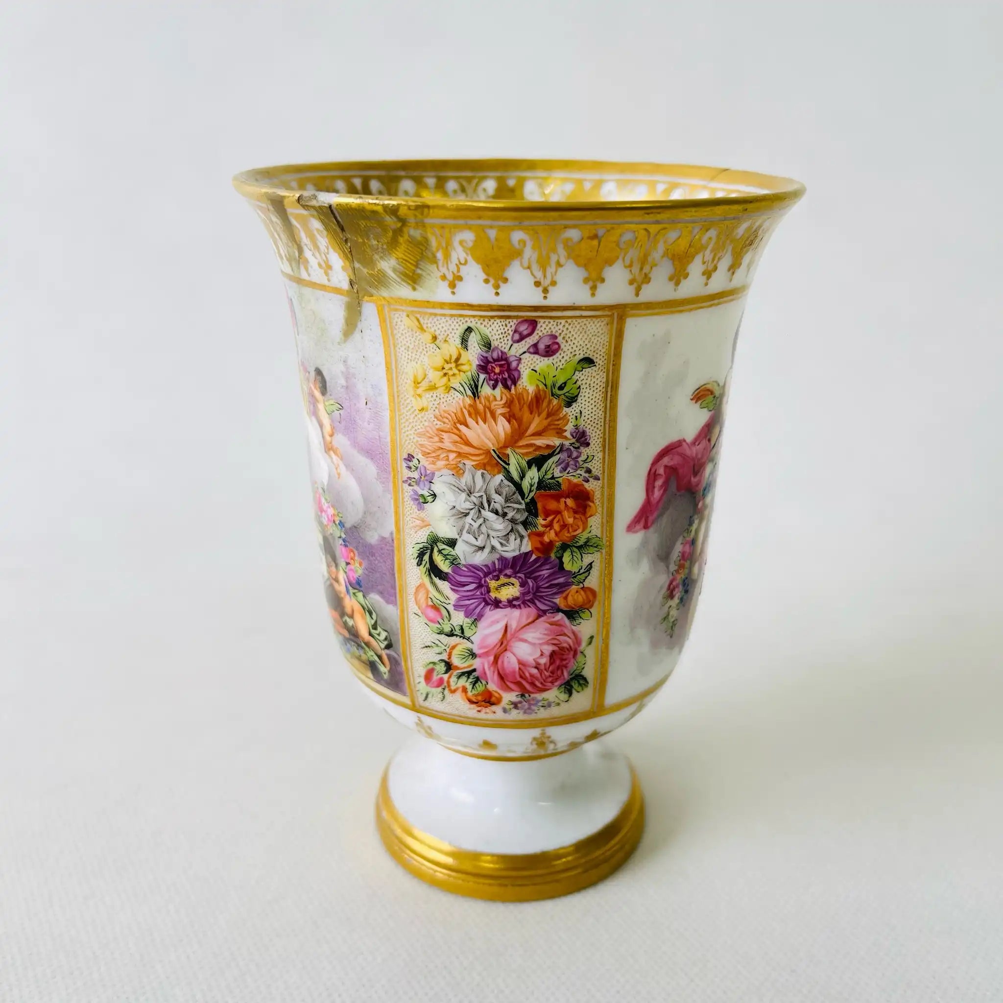 【アンティーク】 台座付き花瓶 アムール・ランフトベッヒャー / 19世紀 / 磁器 / フランス / 多色刷り 金彩エナメル リペア跡あり