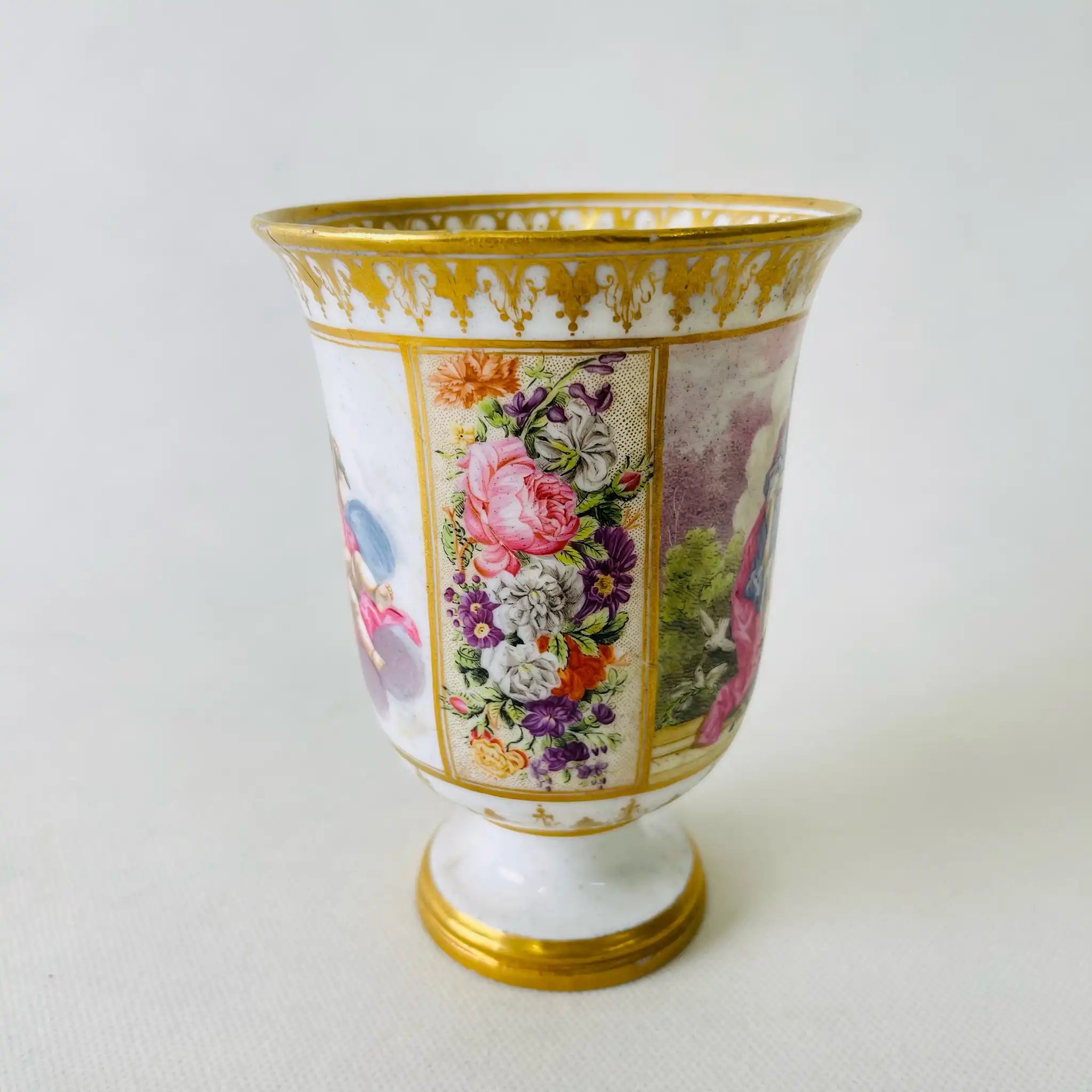 【アンティーク】 台座付き花瓶 アムール・ランフトベッヒャー / 19世紀 / 磁器 / フランス / 多色刷り 金彩エナメル リペア跡あり