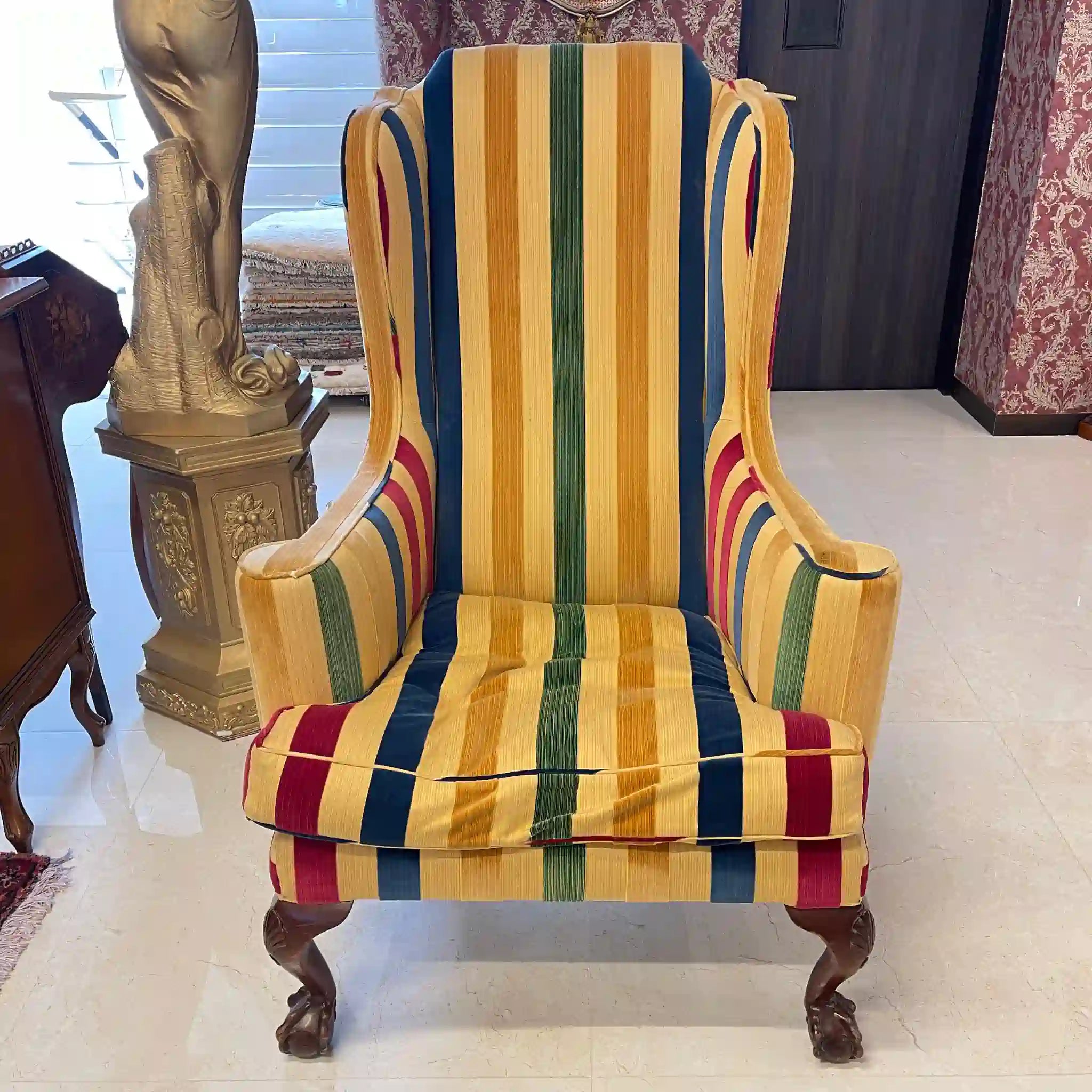 【アンティーク】 ウィングソファ 1P / ジョージアン様式 / イギリス / マルチストライプ柄 猫脚