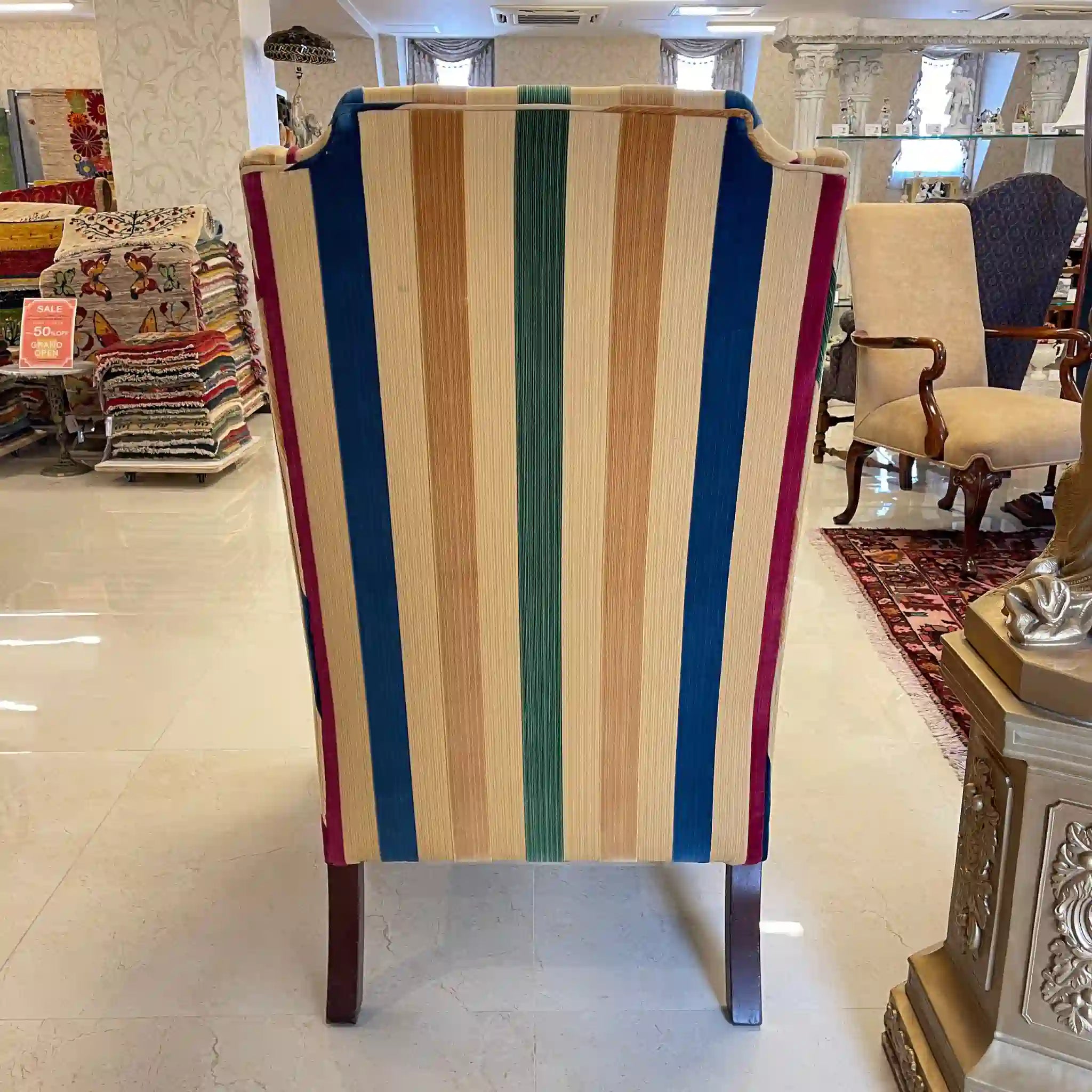 【アンティーク】 ウィングソファ 1P / ジョージアン様式 / イギリス / マルチストライプ柄 猫脚