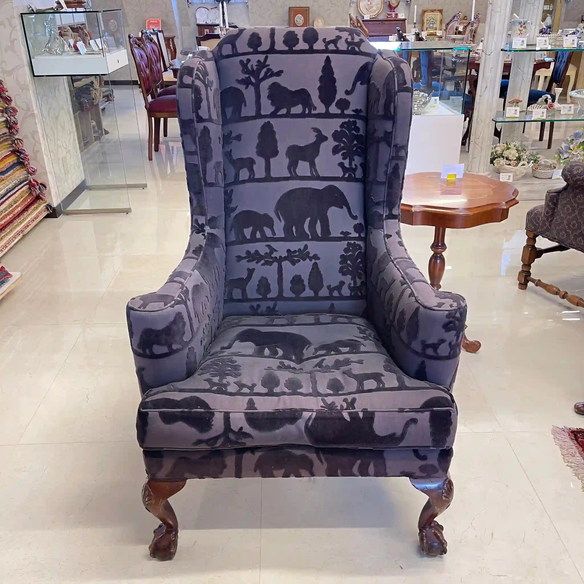 【アンティーク】 ウィングソファ 1P / ジョージアン様式 / イギリス / アニマルプリント 猫脚