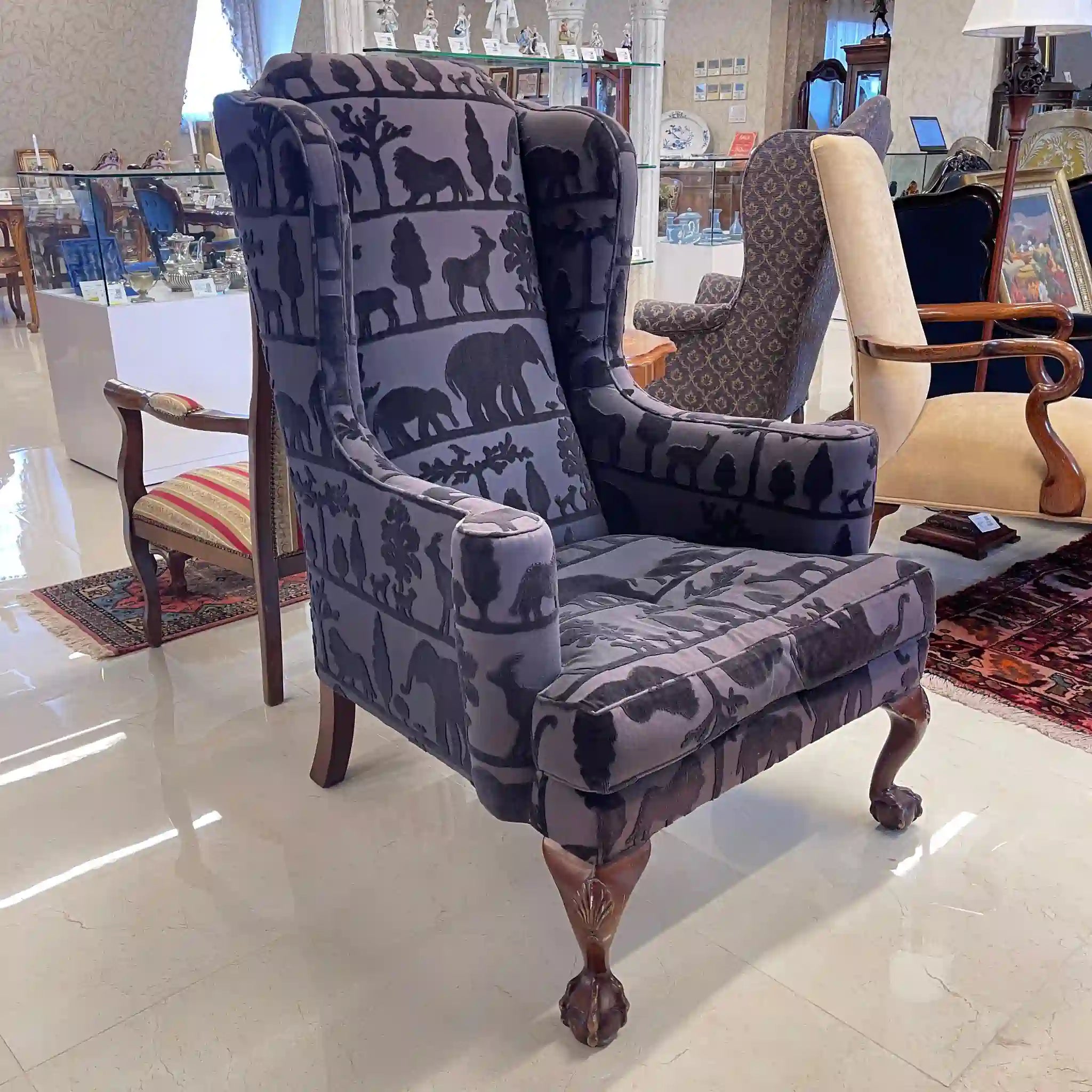 【アンティーク】 ウィングソファ 1P / ジョージアン様式 / イギリス / アニマルプリント 猫脚