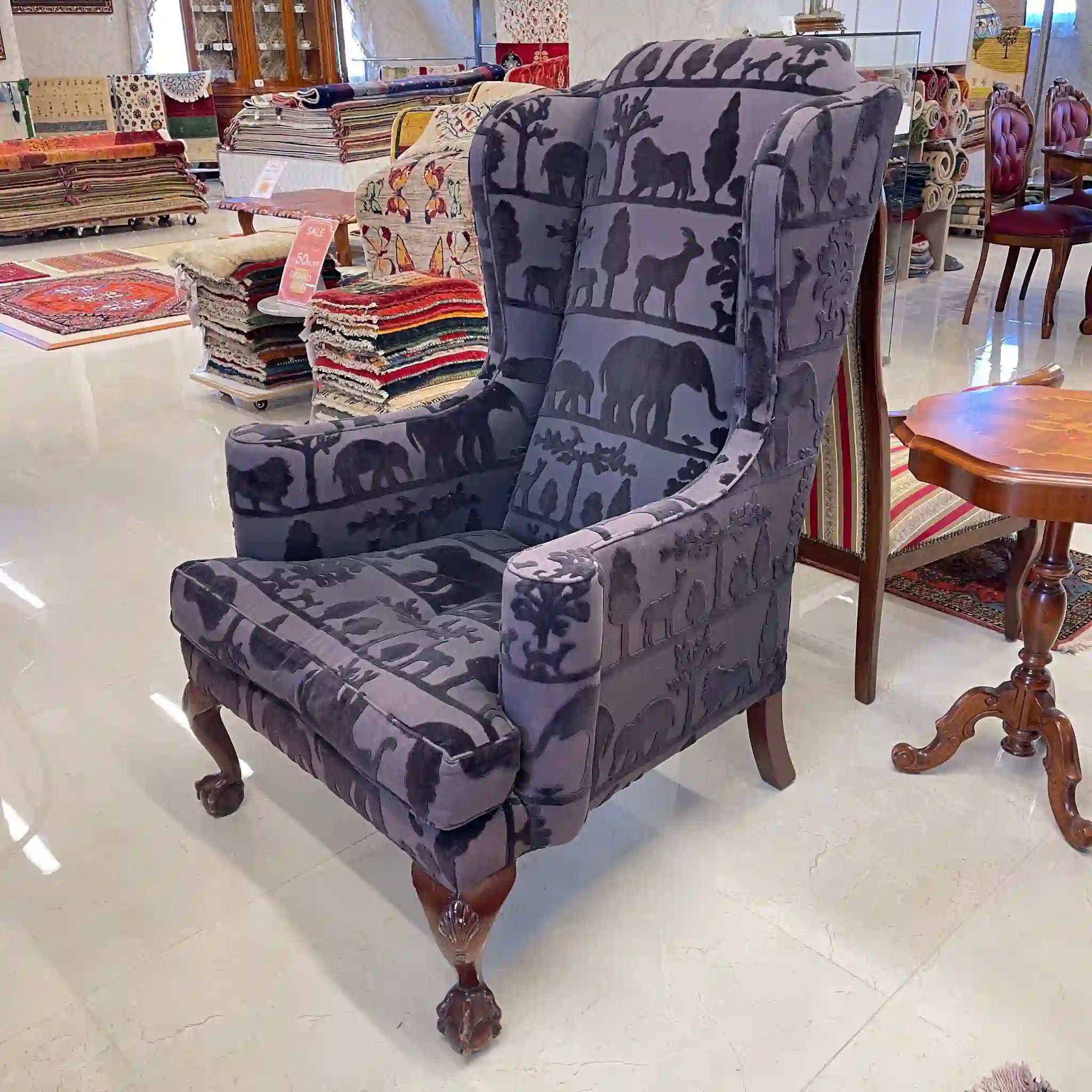 【アンティーク】 ウィングソファ 1P / ジョージアン様式 / イギリス / アニマルプリント 猫脚