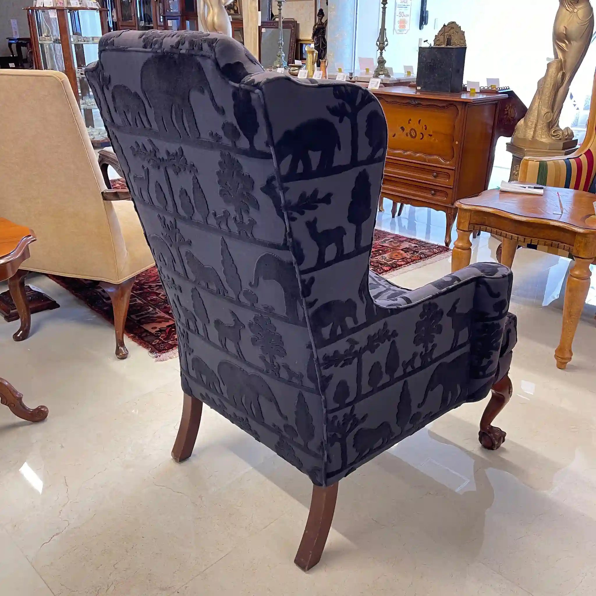 【アンティーク】 ウィングソファ 1P / ジョージアン様式 / イギリス / アニマルプリント 猫脚