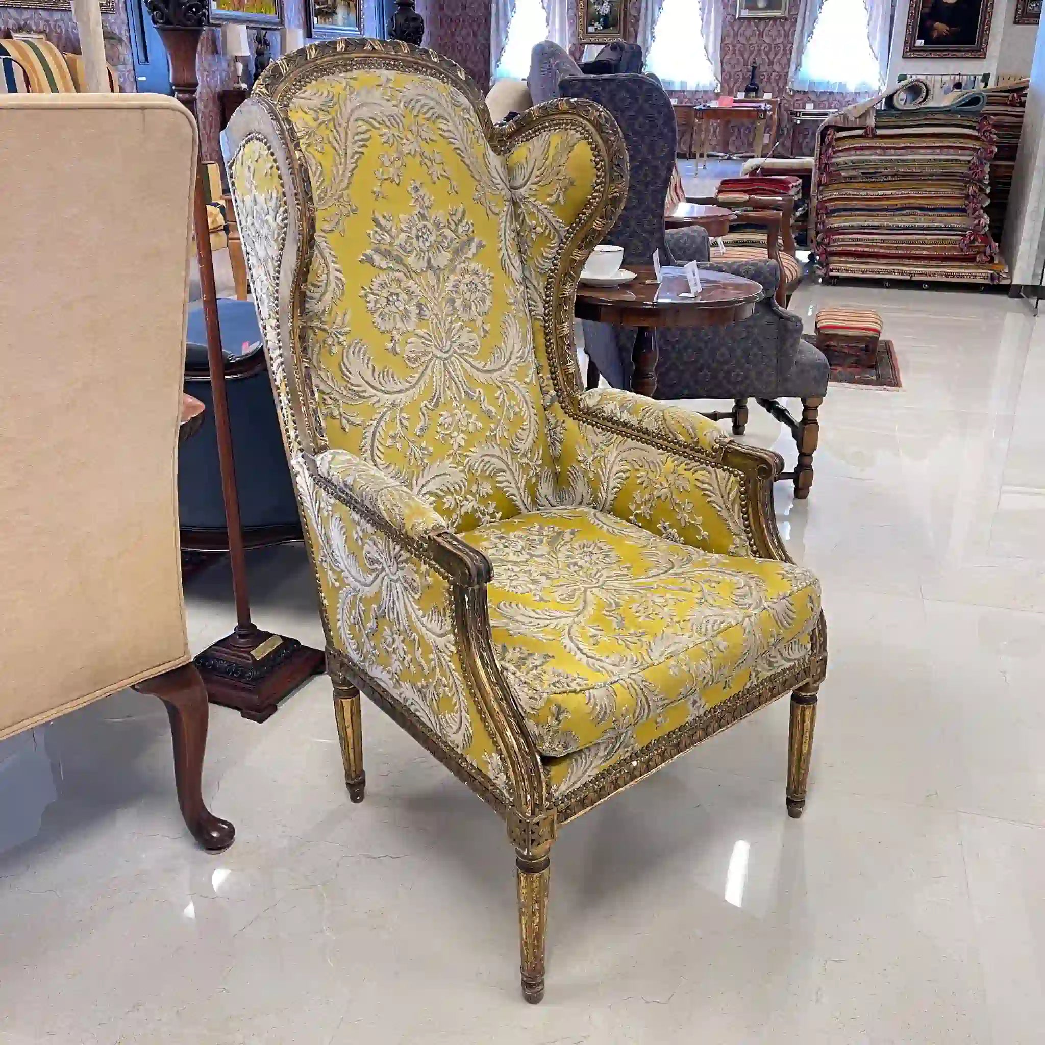 古董絲綢刺繡扶手椅,路易十六風格,金華山編織,法國直送 / /