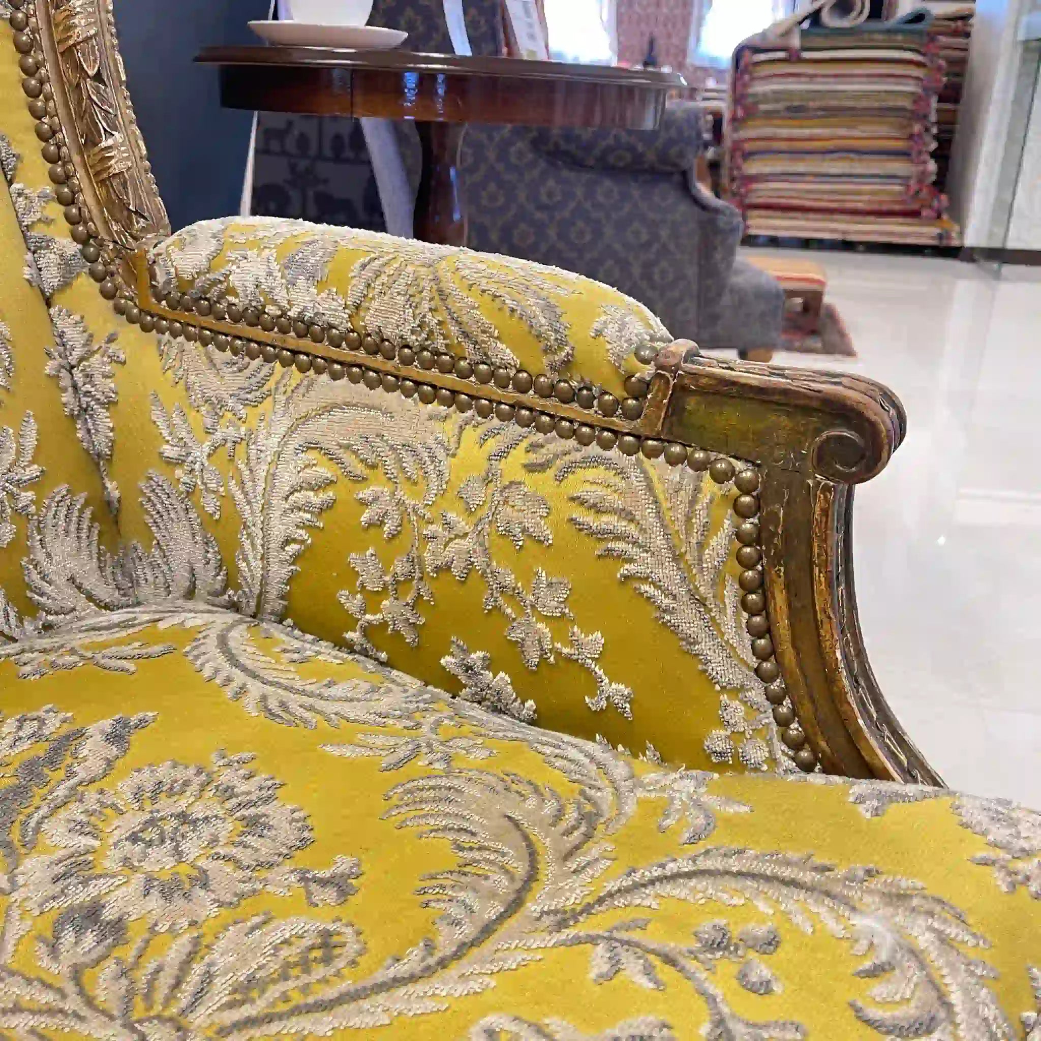 古董絲綢刺繡扶手椅,路易十六風格,金華山編織,法國直送 / /