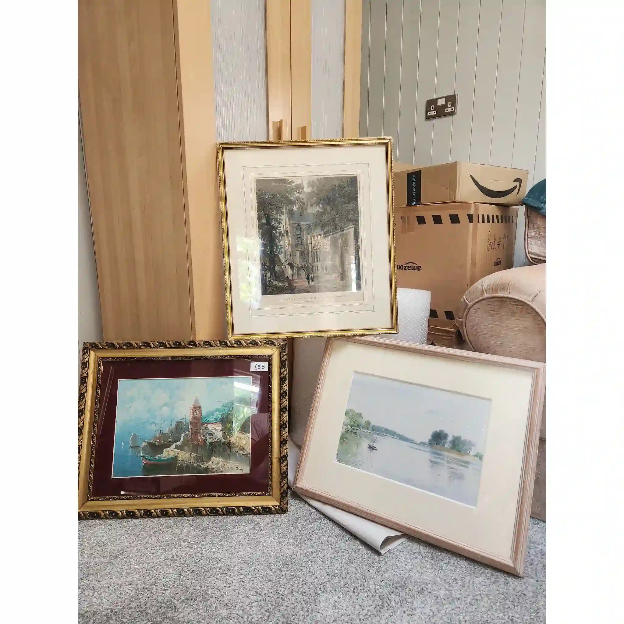 【】 額装された油絵1点と釉薬をかけたリソグラフ2点