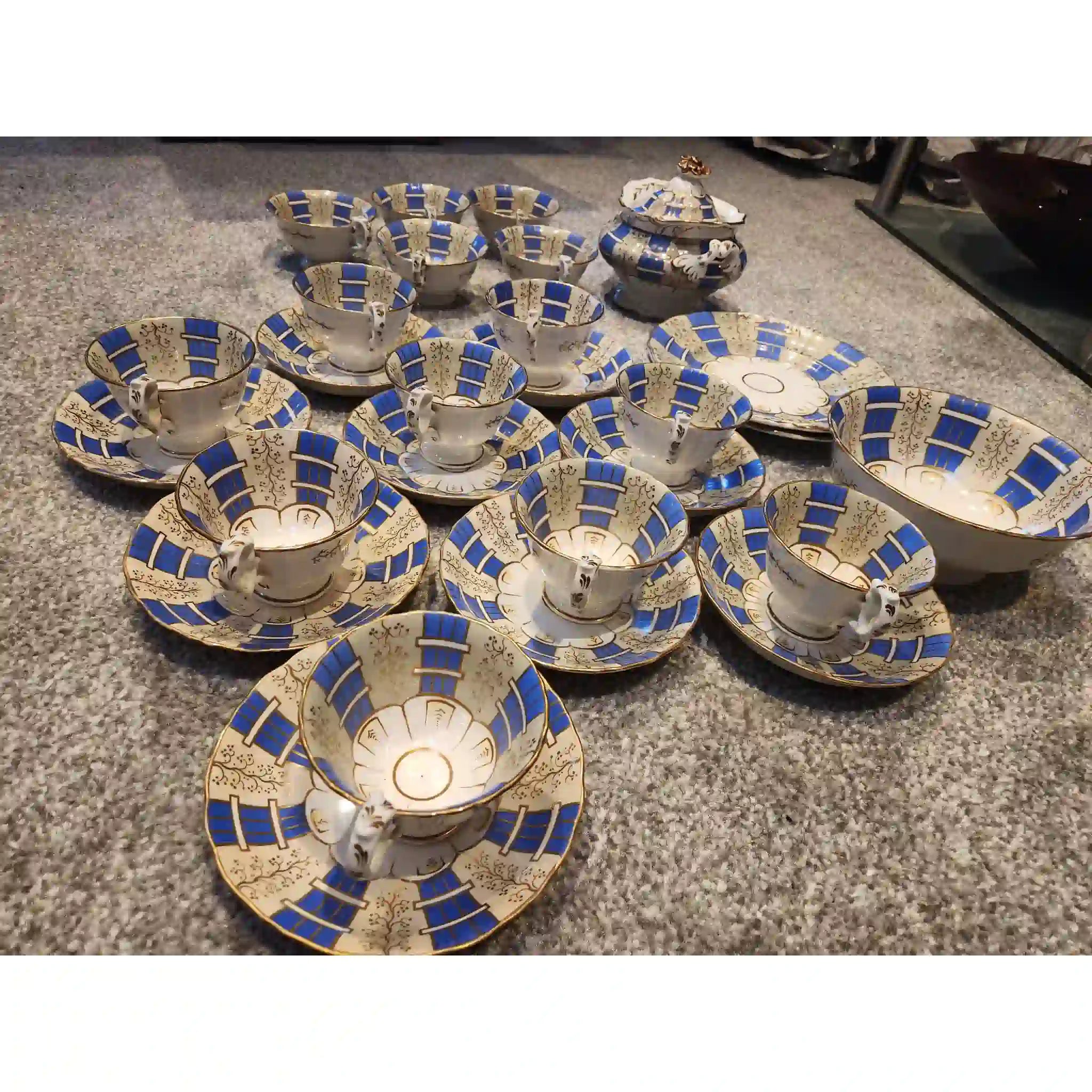 【アンティーク】 アンティーク ティーセット / Smuel Alcock(サミュエル アルコック) / チェッカーボード / 1830年代から1850年代半ば / イギリス / コバルトブルー,金彩