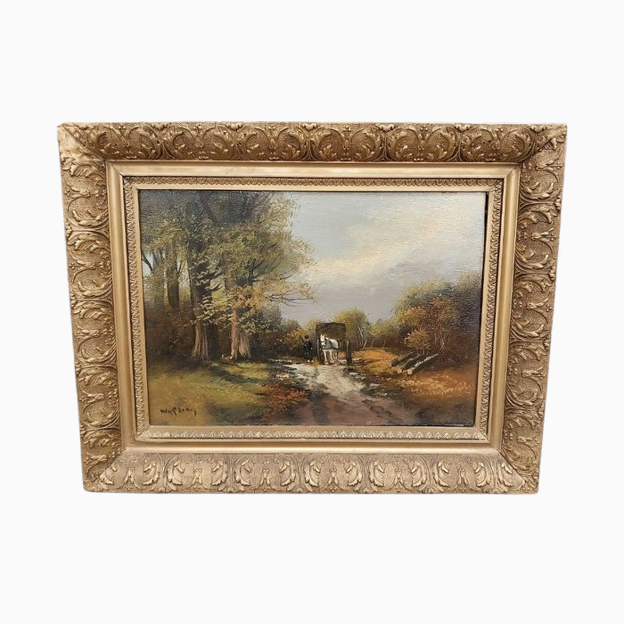 【アンティーク】 油彩画 / 「森の小道に立つ人物と荷車」 / イギリス直輸入 金箔額装