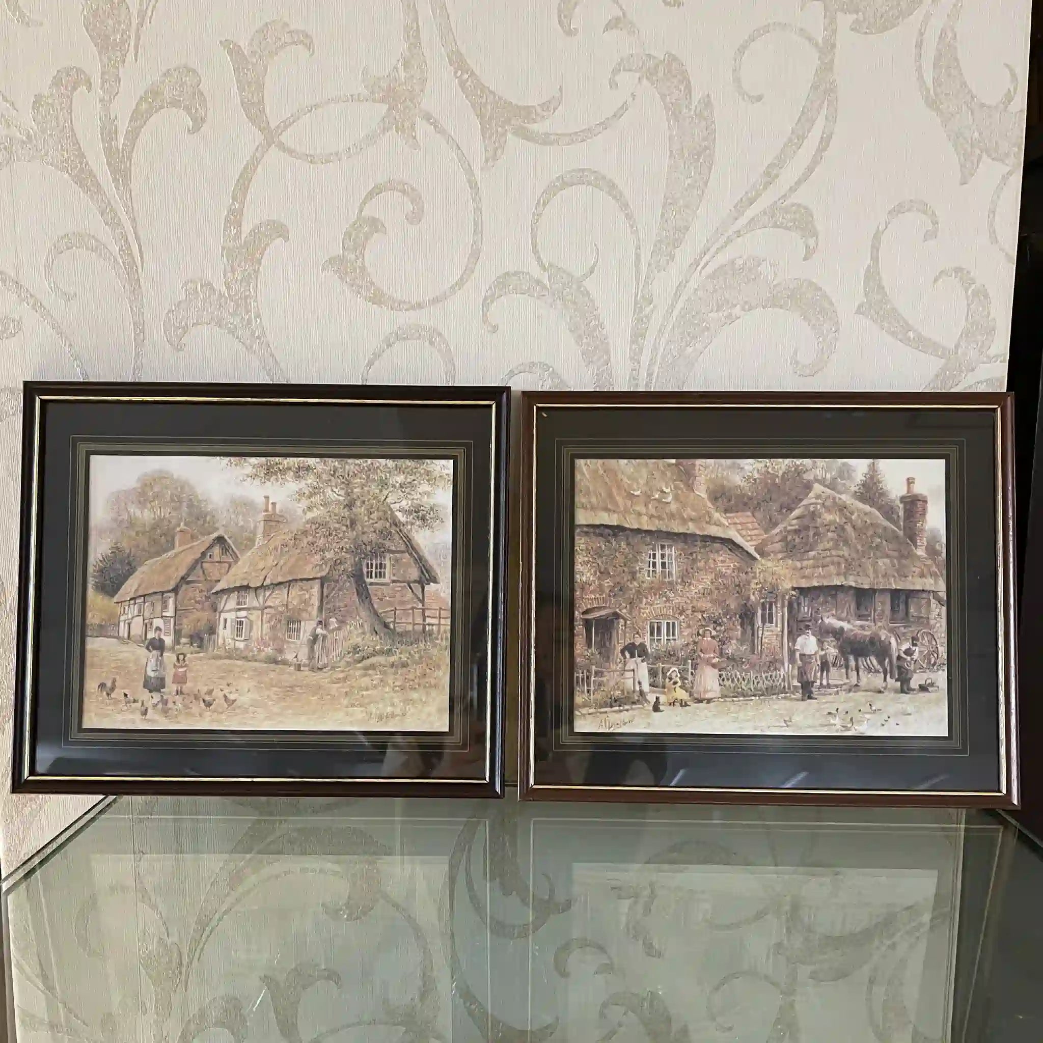 【艺术/装饰品】绘画2p /乡村风景/英国直接进口,乡村风景,深色木材相框,精致触感
