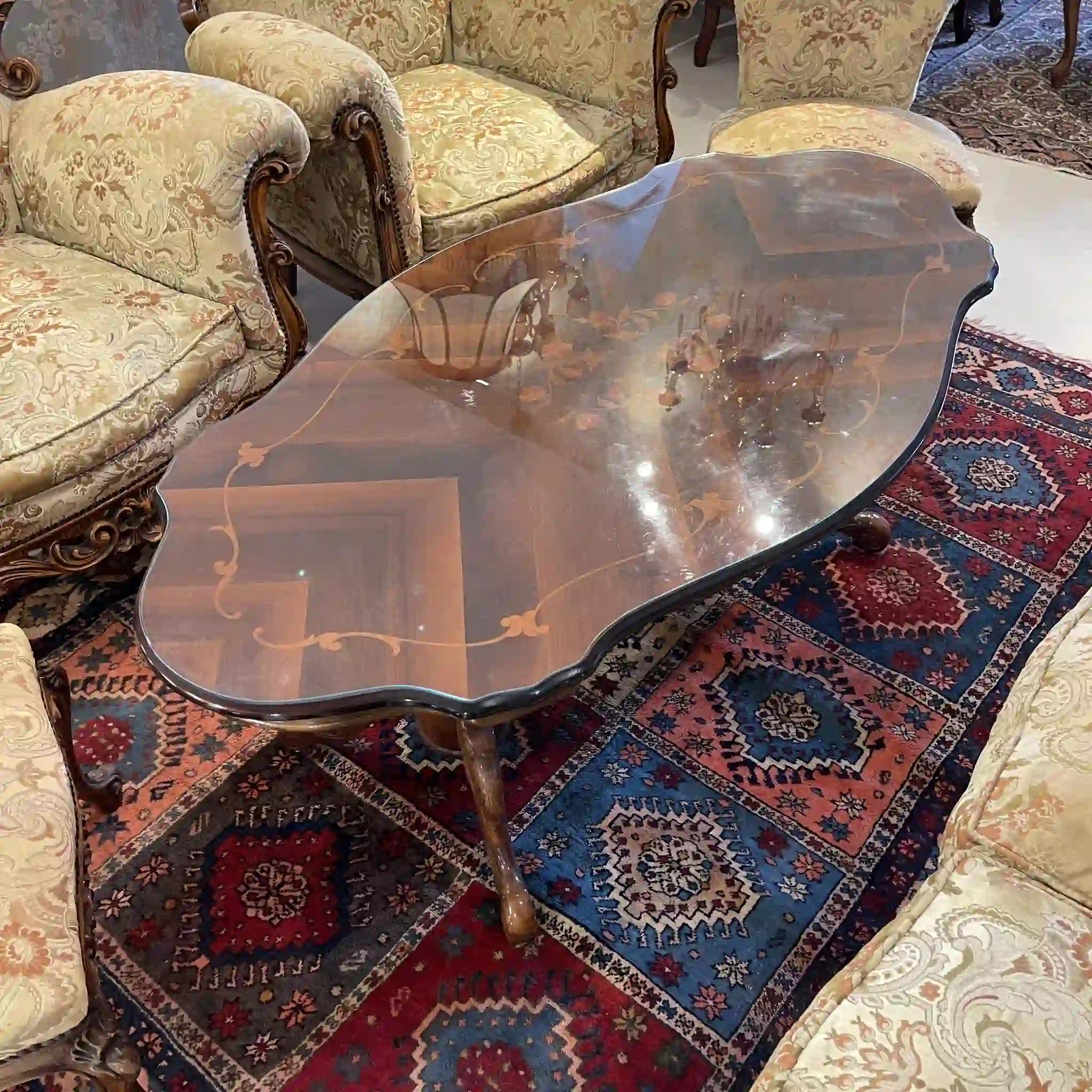 【ビンテージ】 ローテーブル / 20世紀 / ビーチ材 / イタリア / ガラス天板付き, 象嵌(インレイ)