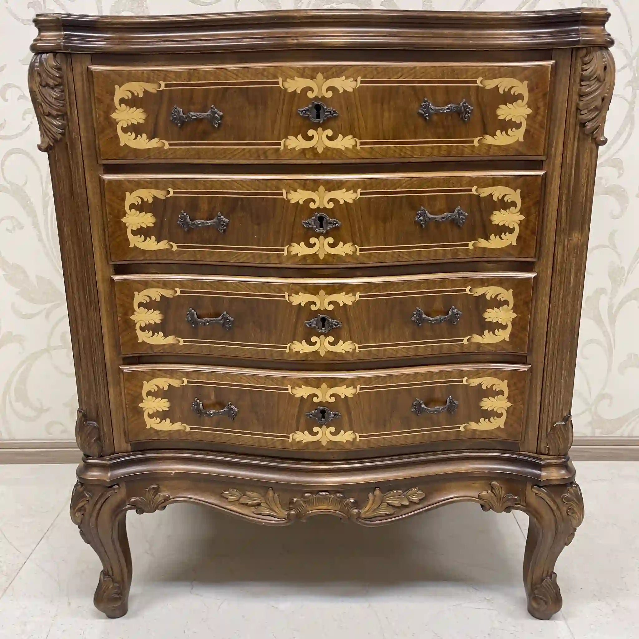 Antique Serpentine Chest / France / Inlaid, Cat Legs