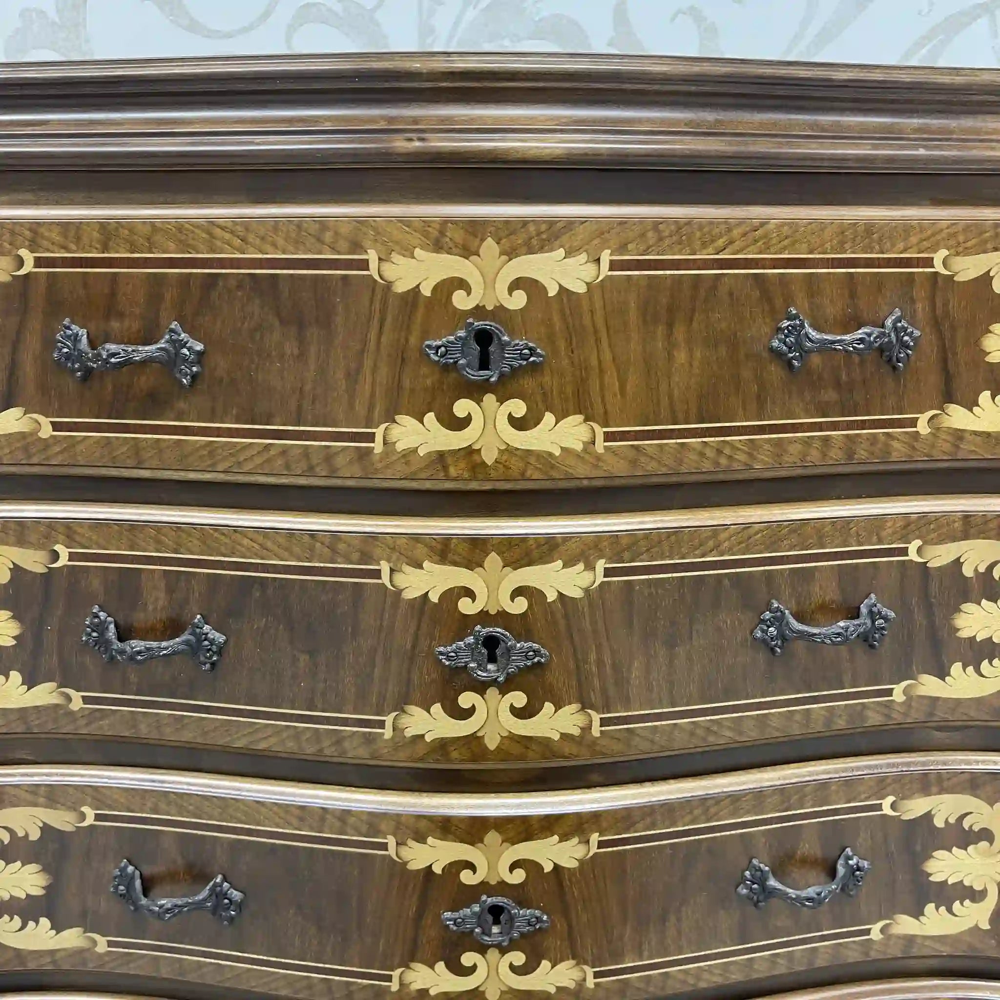 Antique Serpentine Chest / France / Inlaid, Cat Legs