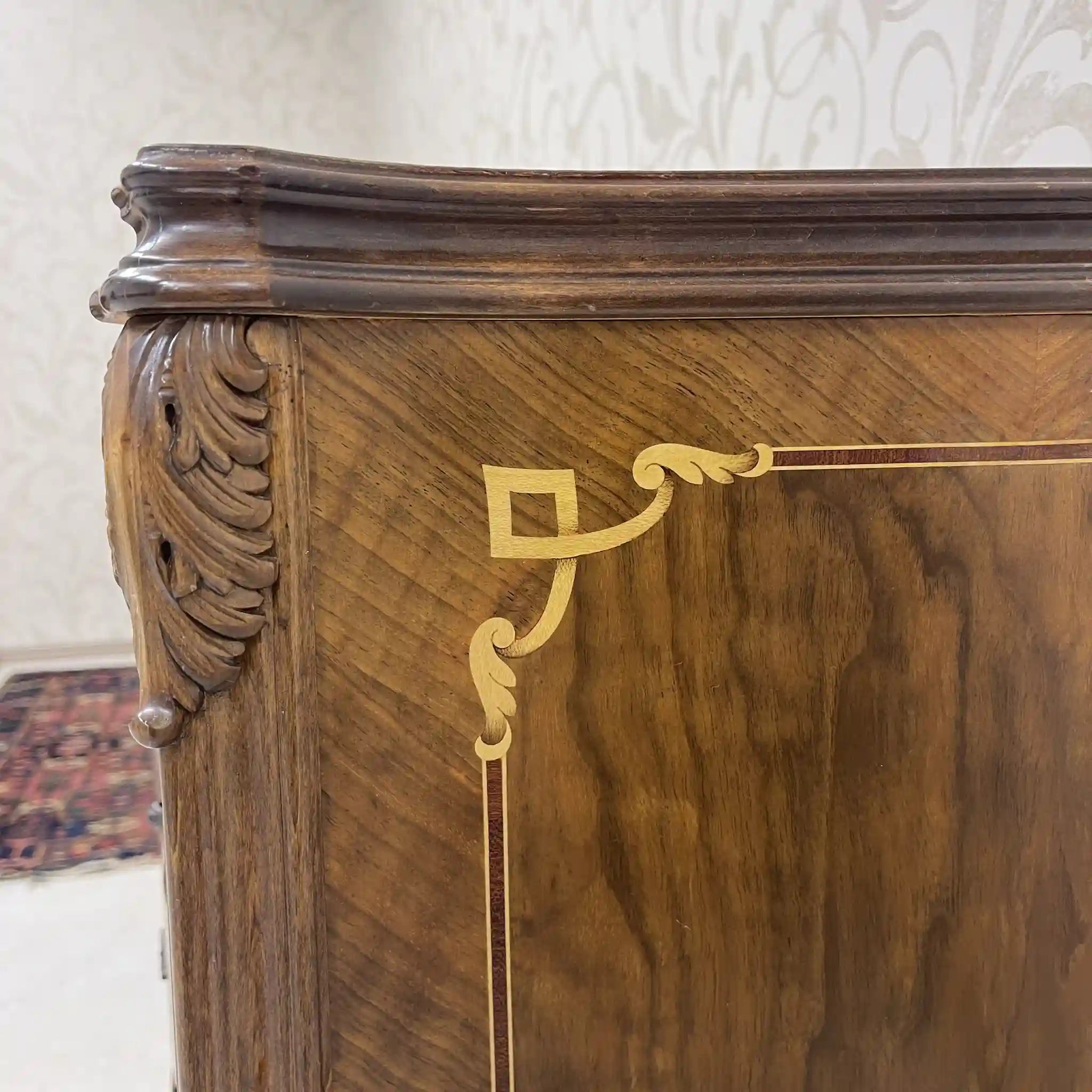 Antique Serpentine Chest / France / Inlaid, Cat Legs