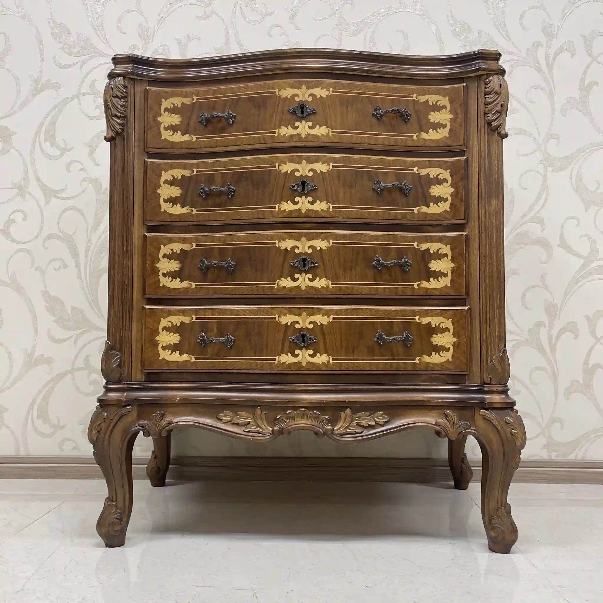 Antique Serpentine Chest / France / Inlaid, Cat Legs