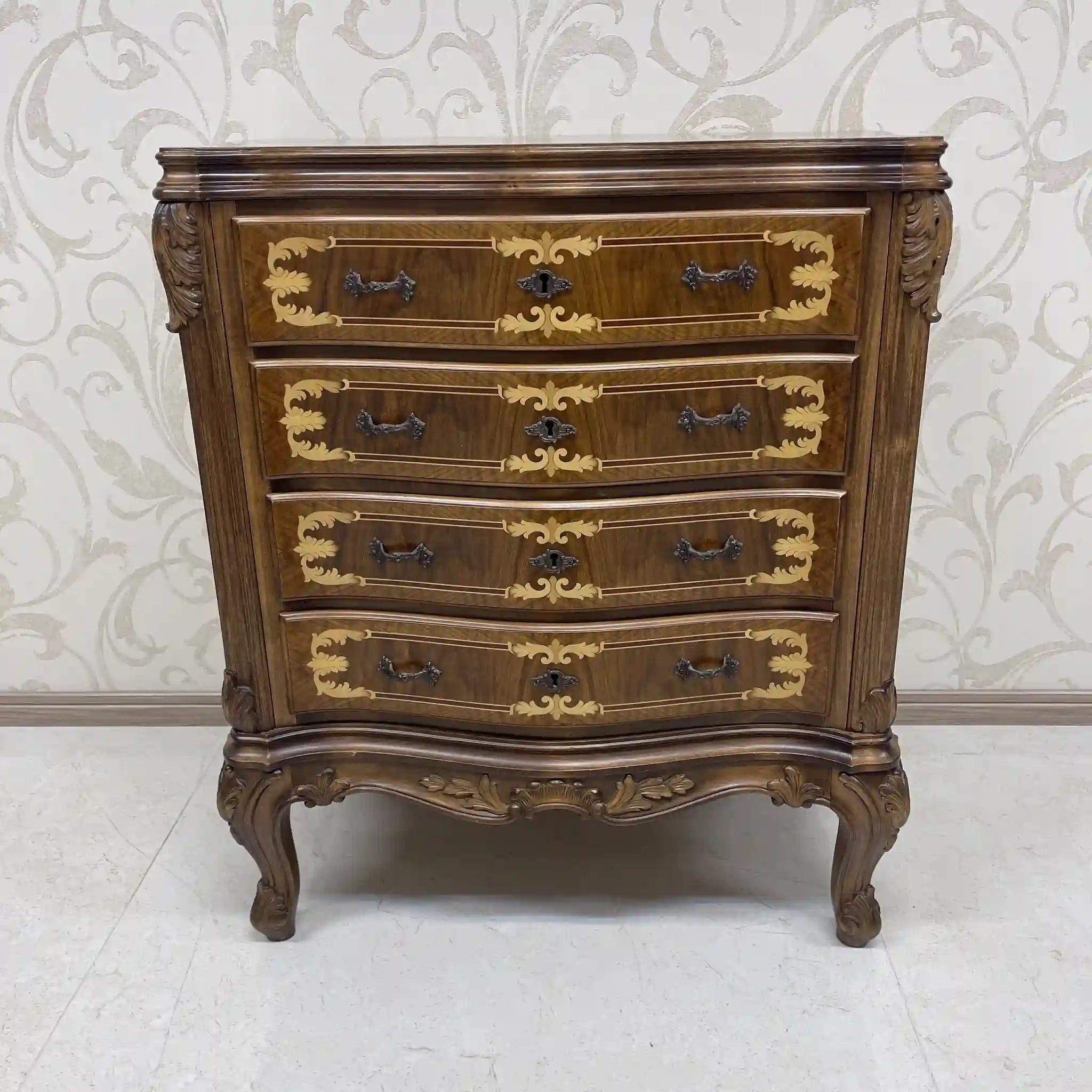 Antique Serpentine Chest / France / Inlaid, Cat Legs