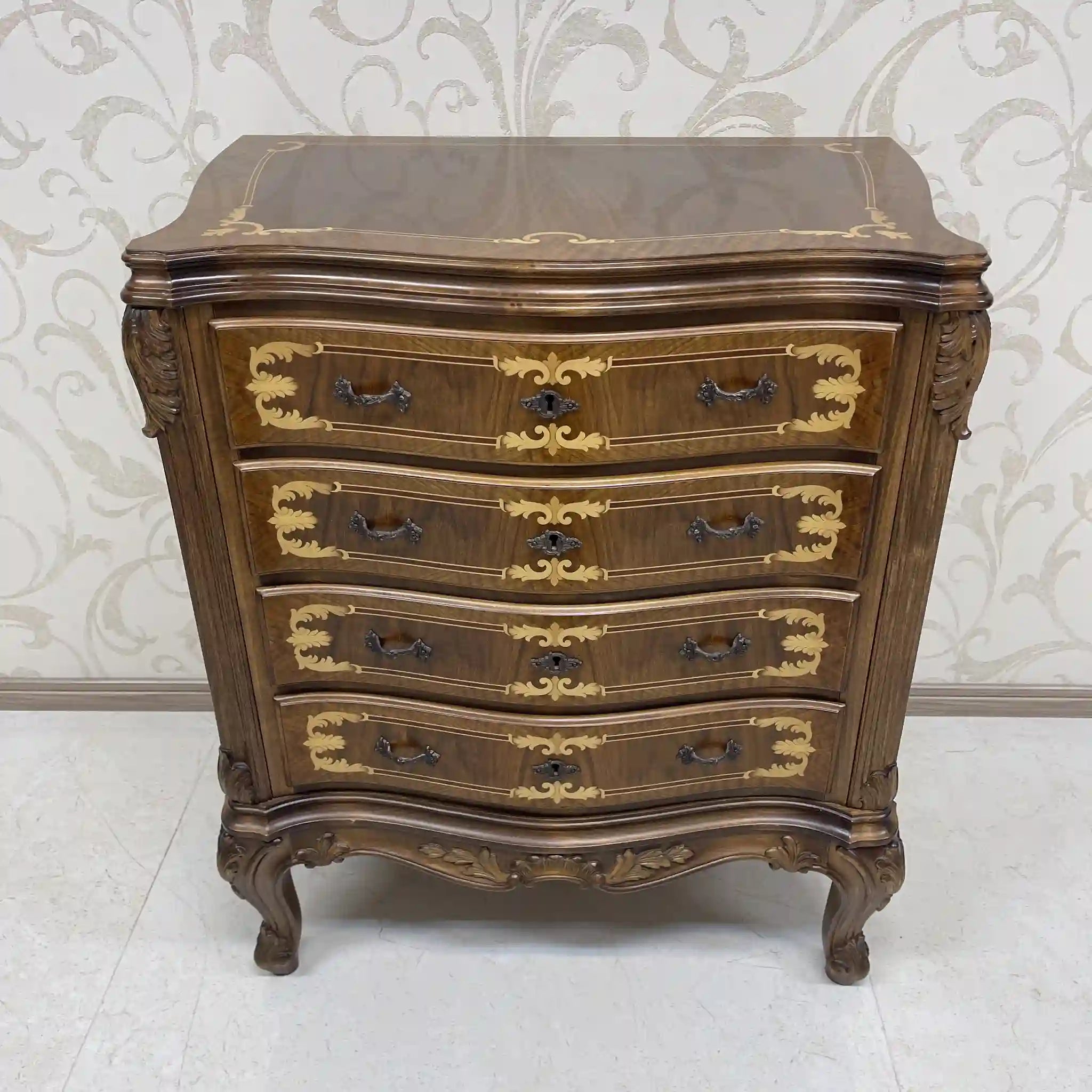Antique Serpentine Chest / France / Inlaid, Cat Legs