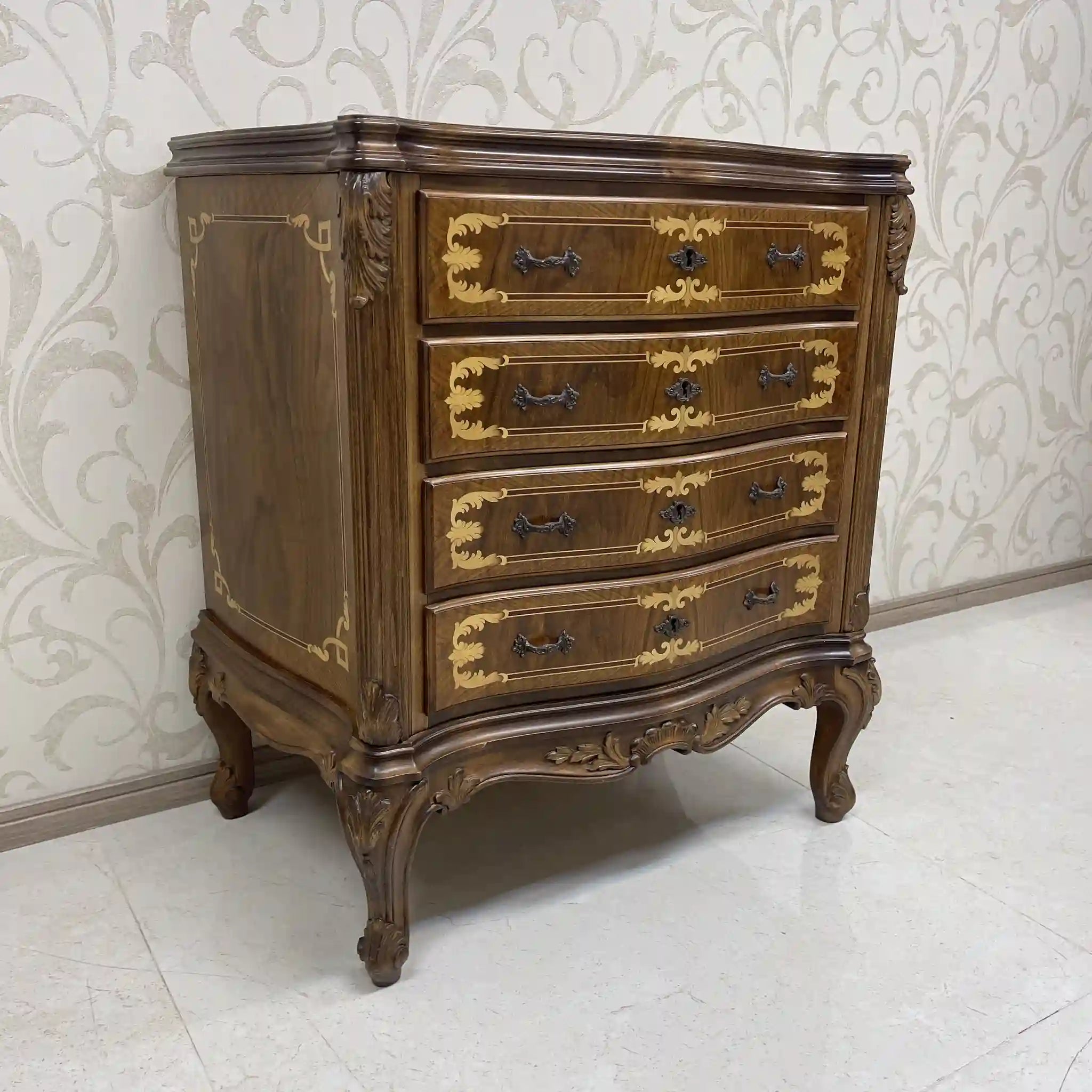 Antique Serpentine Chest / France / Inlaid, Cat Legs