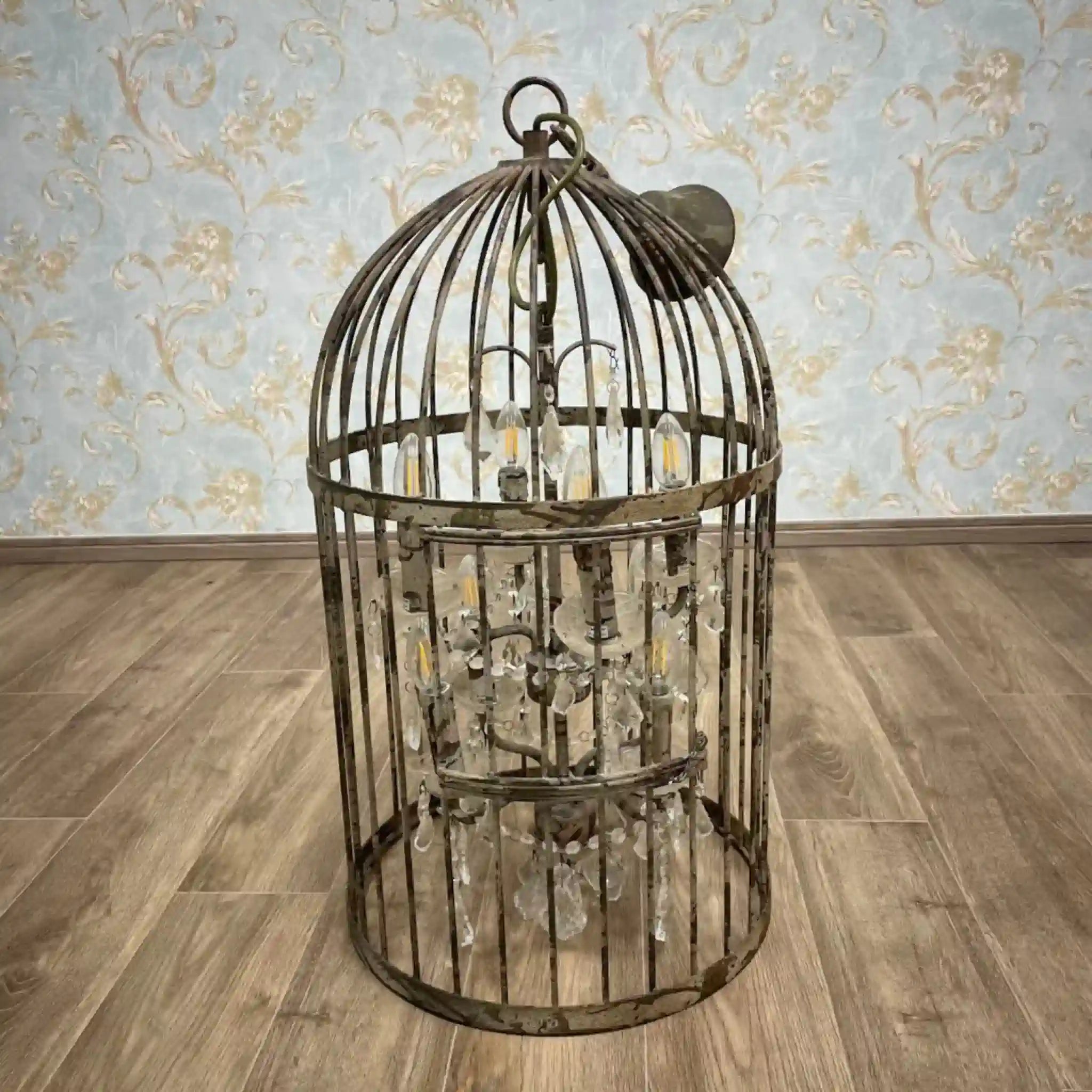 Antique Birdcage Chandelier / Shabby Chic / British / Aged Finish, Iron Frame, Candle Shape