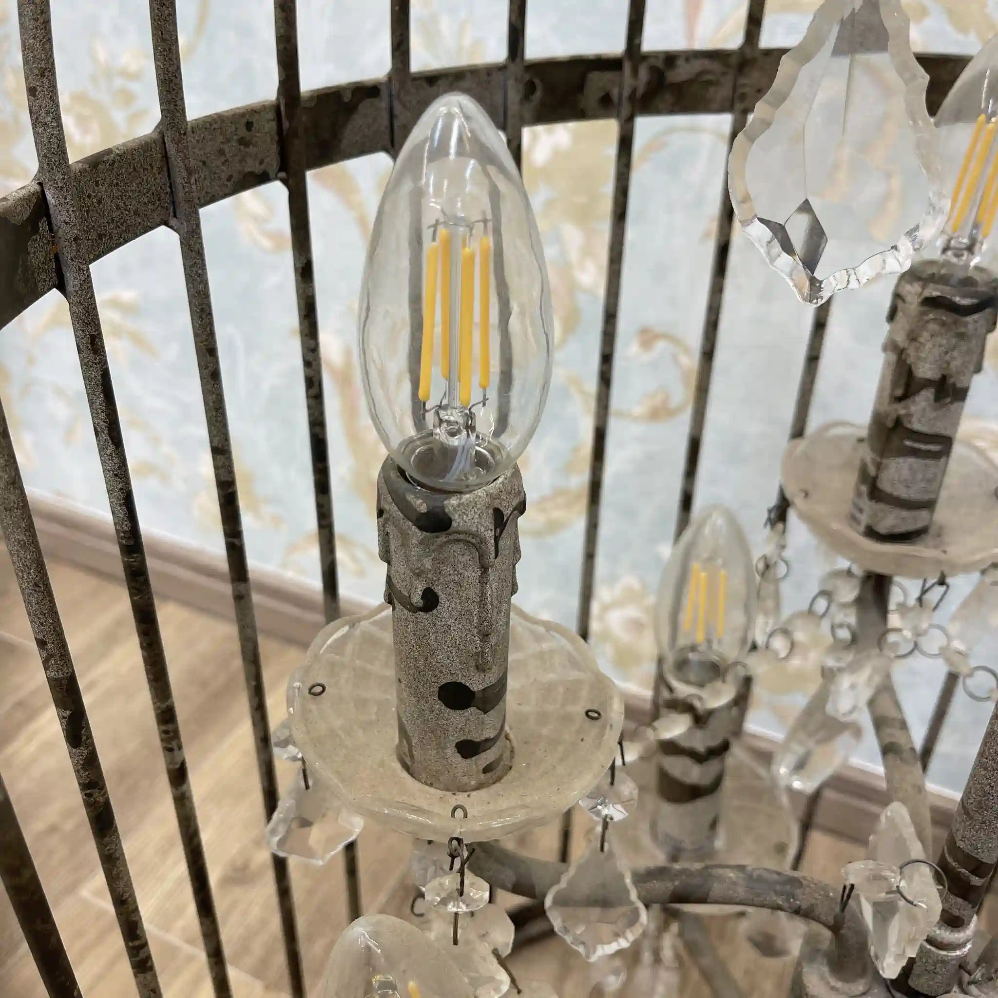 Antique Birdcage Chandelier / Shabby Chic / British / Aged Finish, Iron Frame, Candle Shape