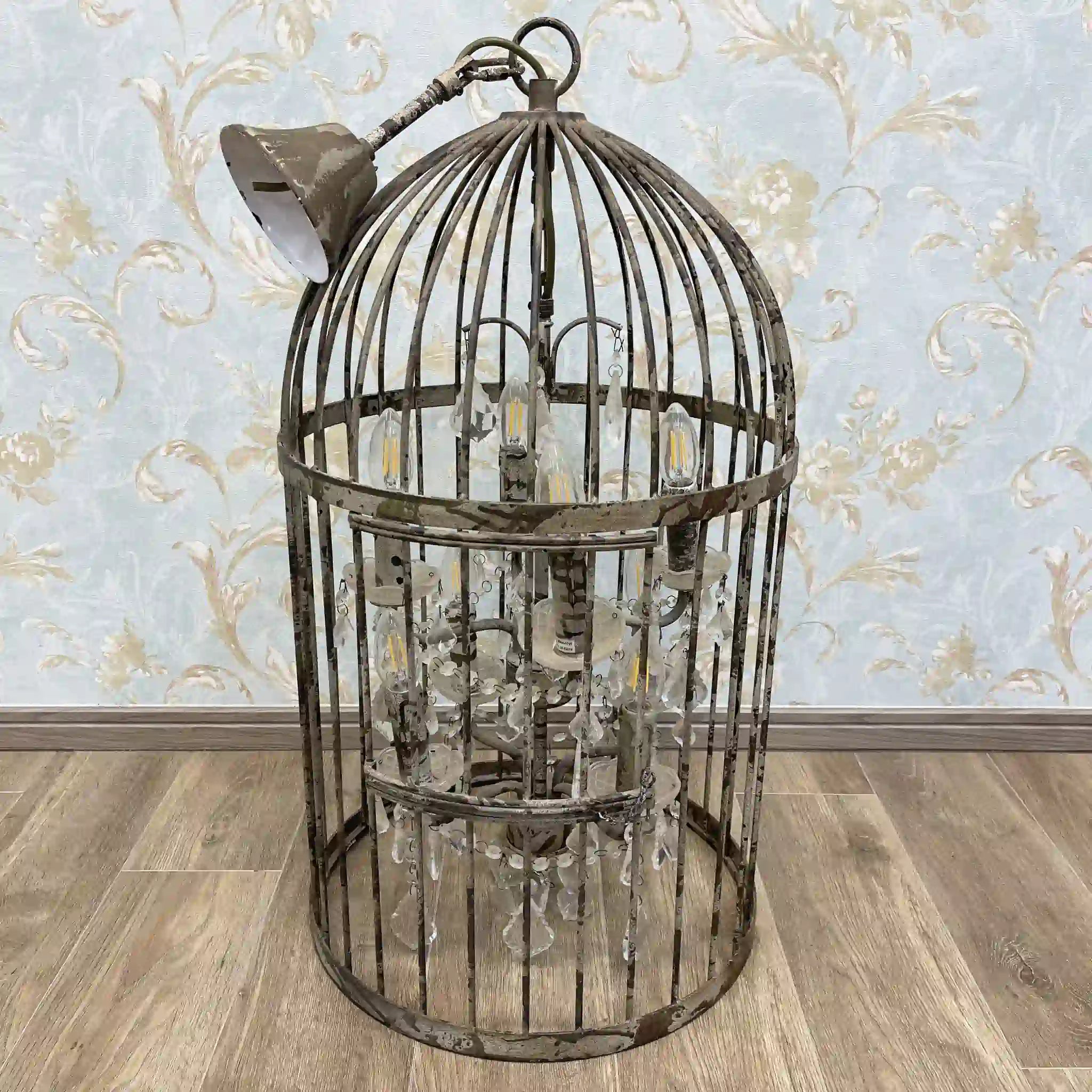 Antique Birdcage Chandelier / Shabby Chic / British / Aged Finish, Iron Frame, Candle Shape