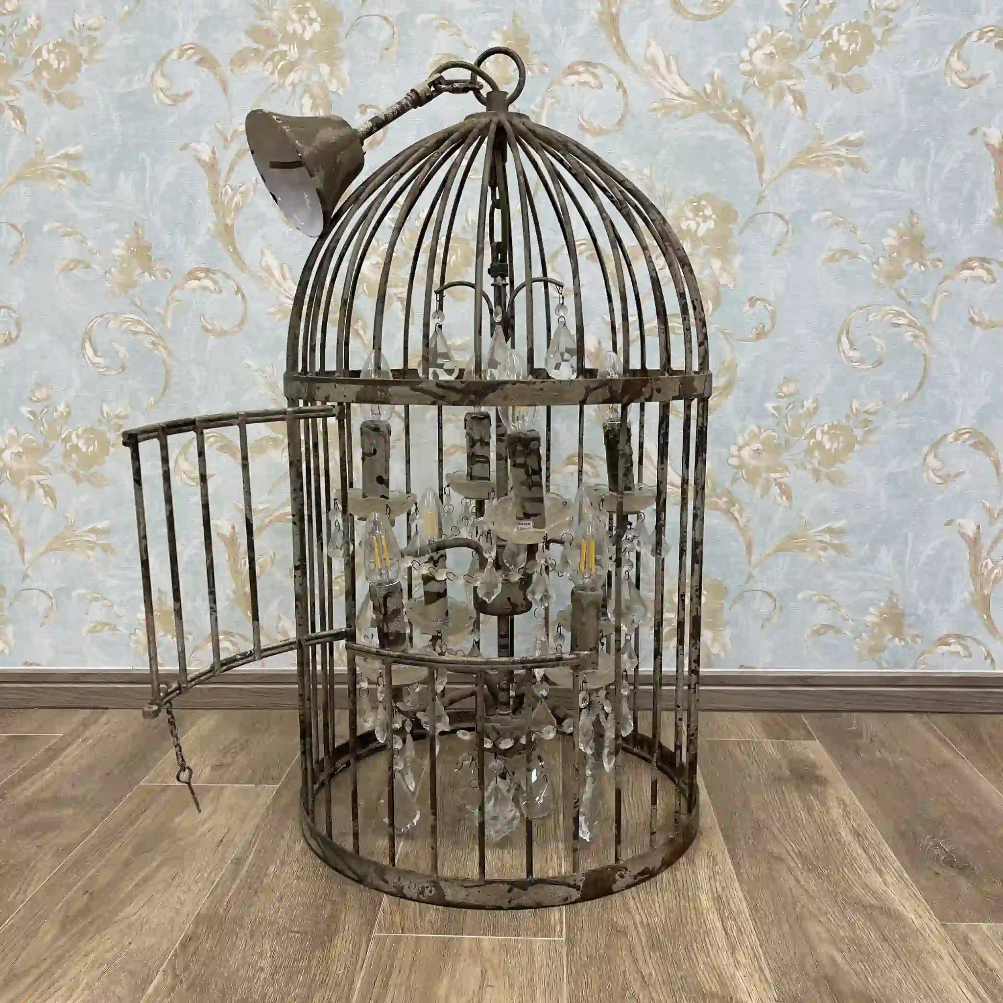 Antique Birdcage Chandelier / Shabby Chic / British / Aged Finish, Iron Frame, Candle Shape