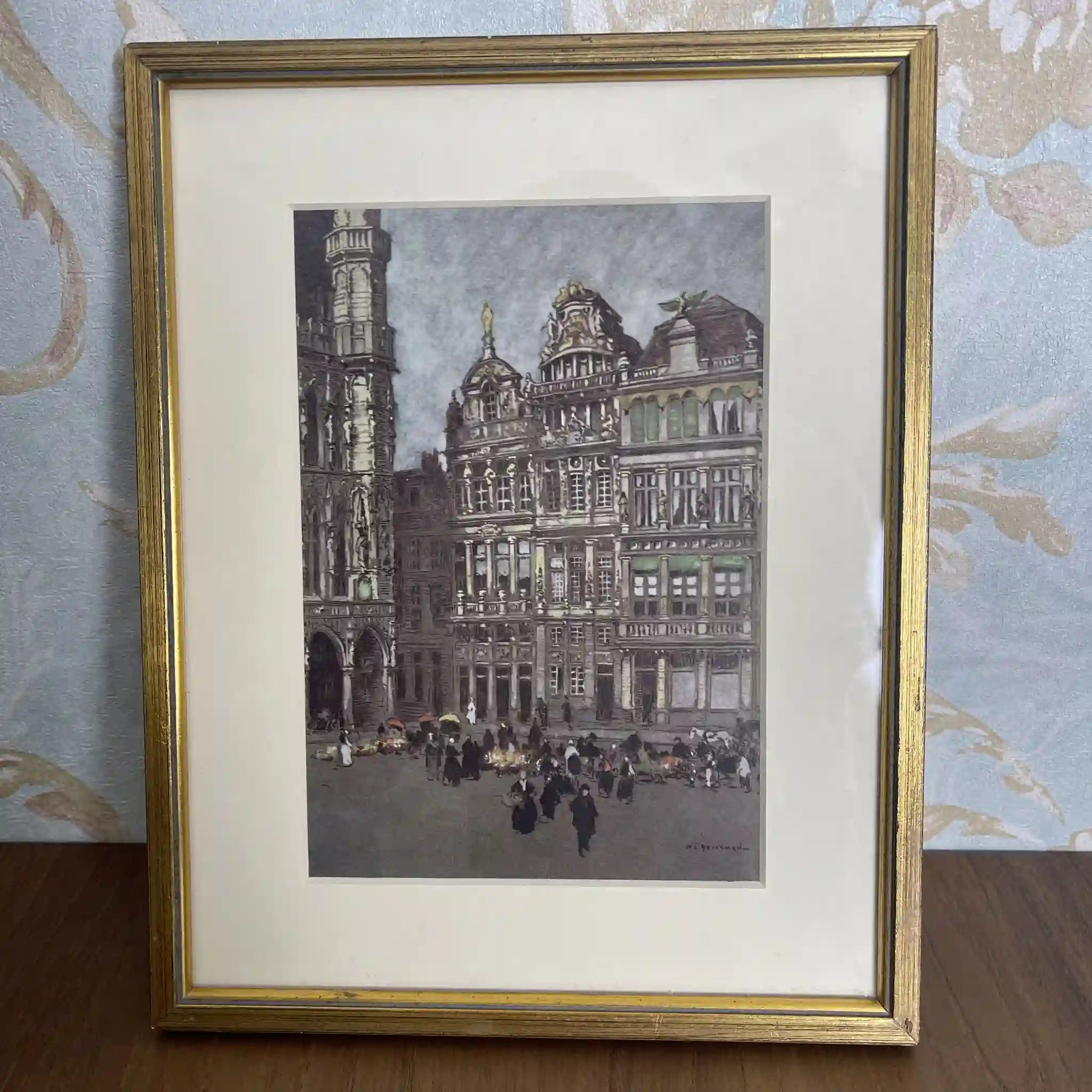 【ビンテージ】 複製画 / W. L. BRUCKMAN / 「Bruxelles / Grand Place」(ブリュッセルのグラン プラス) / 20世紀初頭(推定) / 紙 / イギリス / 多色刷版画,エドワーディアン・フレーム