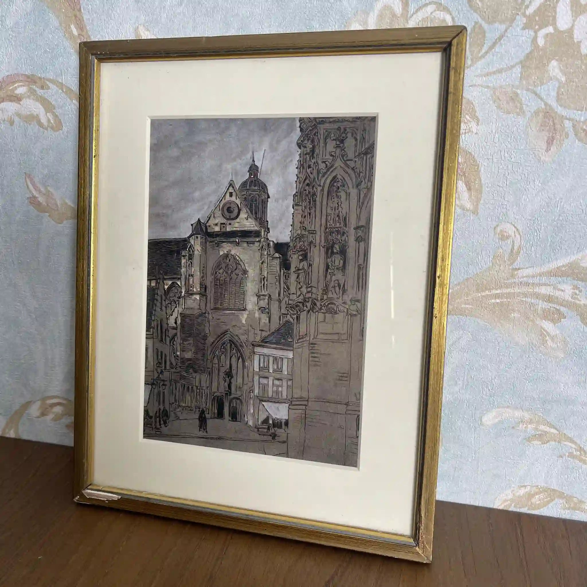 【复古】复制品/ w.l. BRUCKMAN /“Louvain / The Cathedral”(鲁汶大教堂/圣彼得教堂)/ 20世纪初(推测)/纸/英国 爱德华迪恩框架