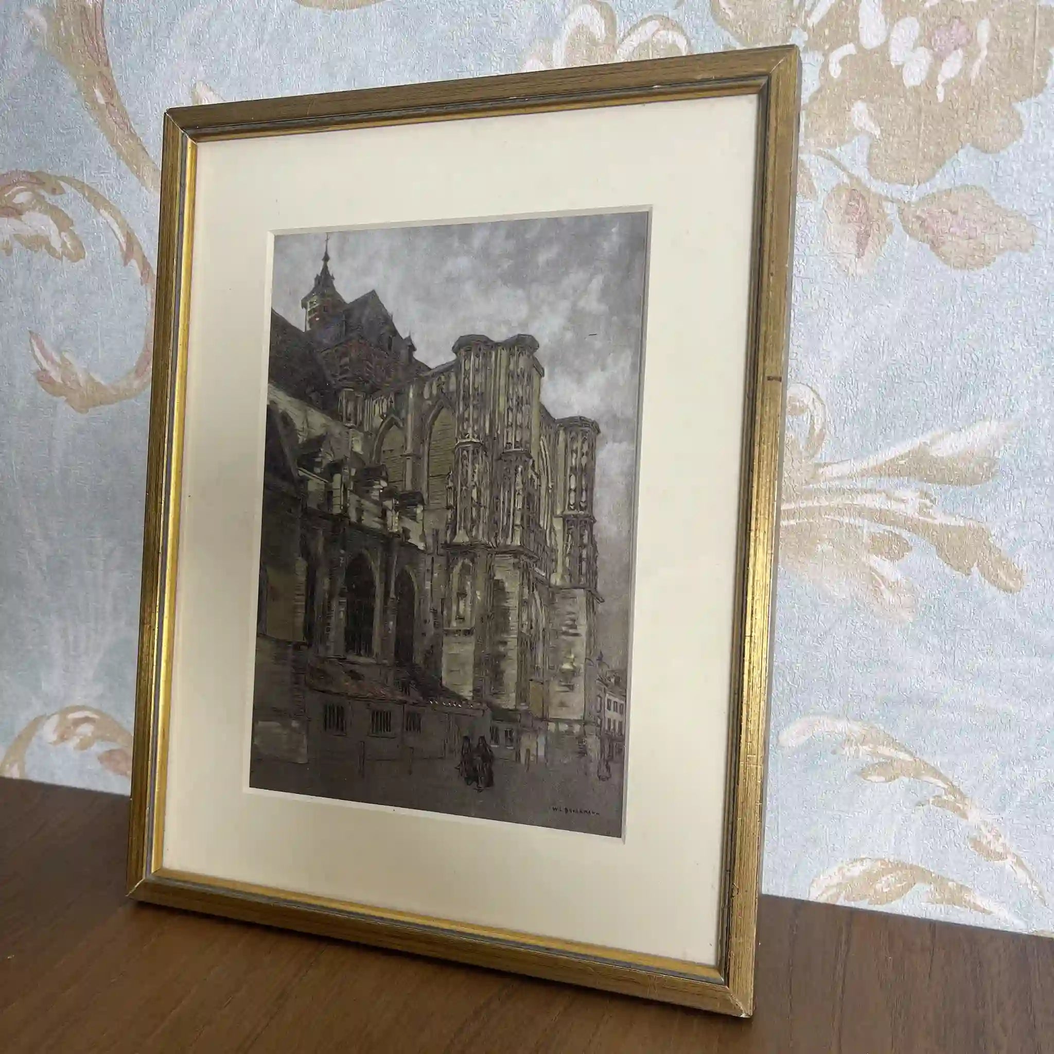 【复古】复制画/ w.l. BRUCKMAN /“Louvain / The Cathedral”/ 20世纪初(推测)/纸/英国/爱德华框架