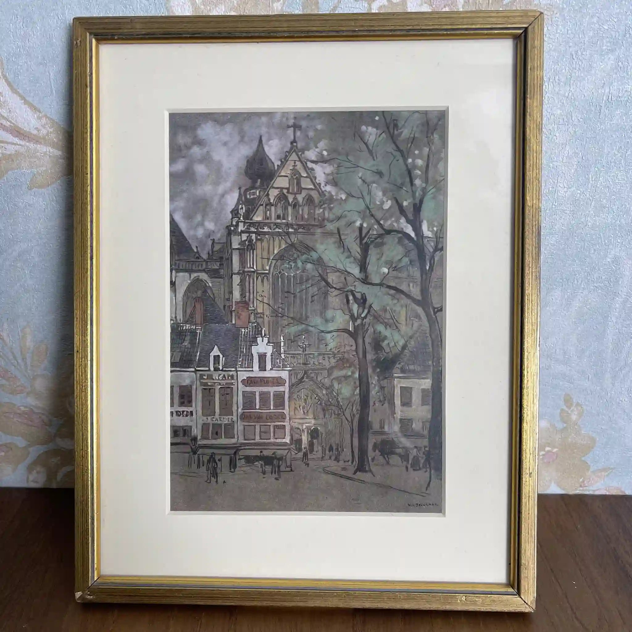 【ビンテージ】 複製画 / W. L. BRUCKMAN / 「Antwerp / The Cathedral」(アントウェルペン / 聖母大聖堂) / 20世紀初頭(推定) / 紙 / イギリス / 多色刷版画,エドワーディアン・フレーム