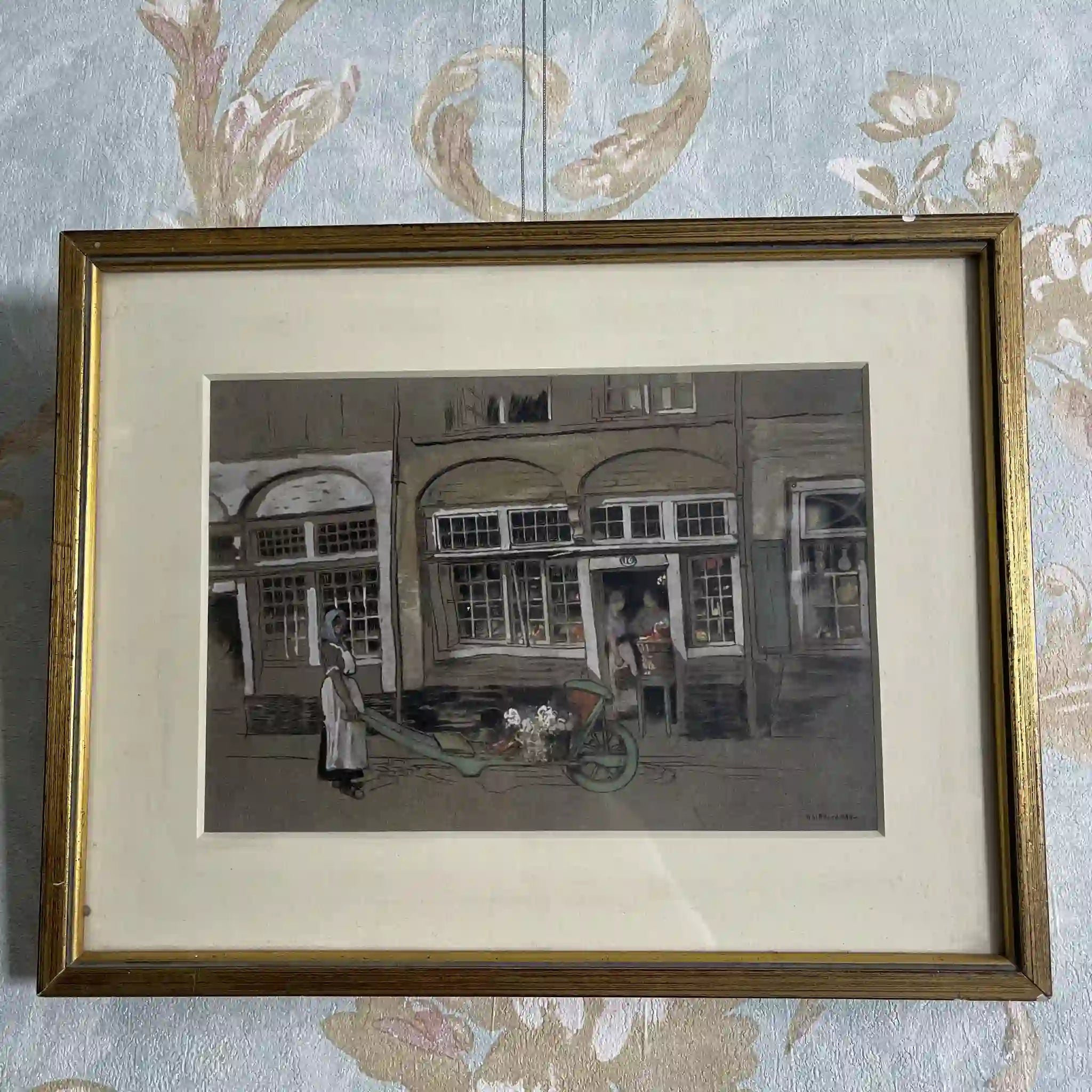 【复古】复制画/ w.l. BRUCKMAN /“Ypres / Old Shops”/ 20世纪初(推测)/纸/英国/爱德华框架