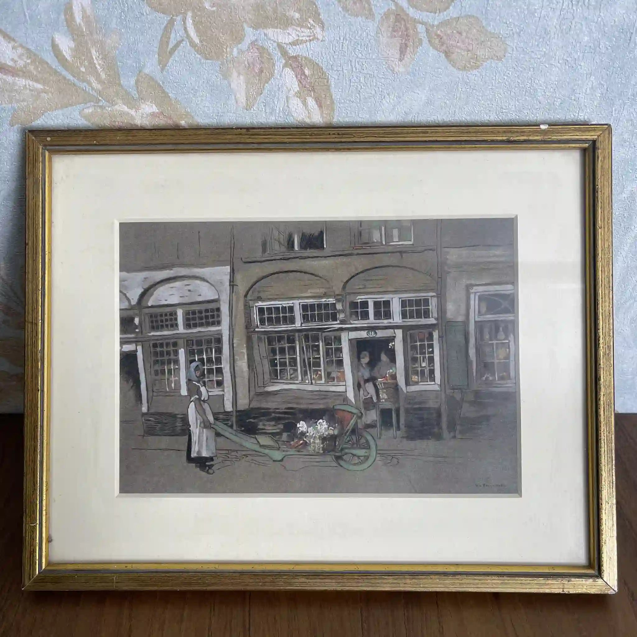 【ビンテージ】 複製画 / W. L. BRUCKMAN / 「Ypres / Old Shops」 / 20世紀初頭(推定) / 紙 / イギリス / 多色刷版画,エドワーディアン・フレーム