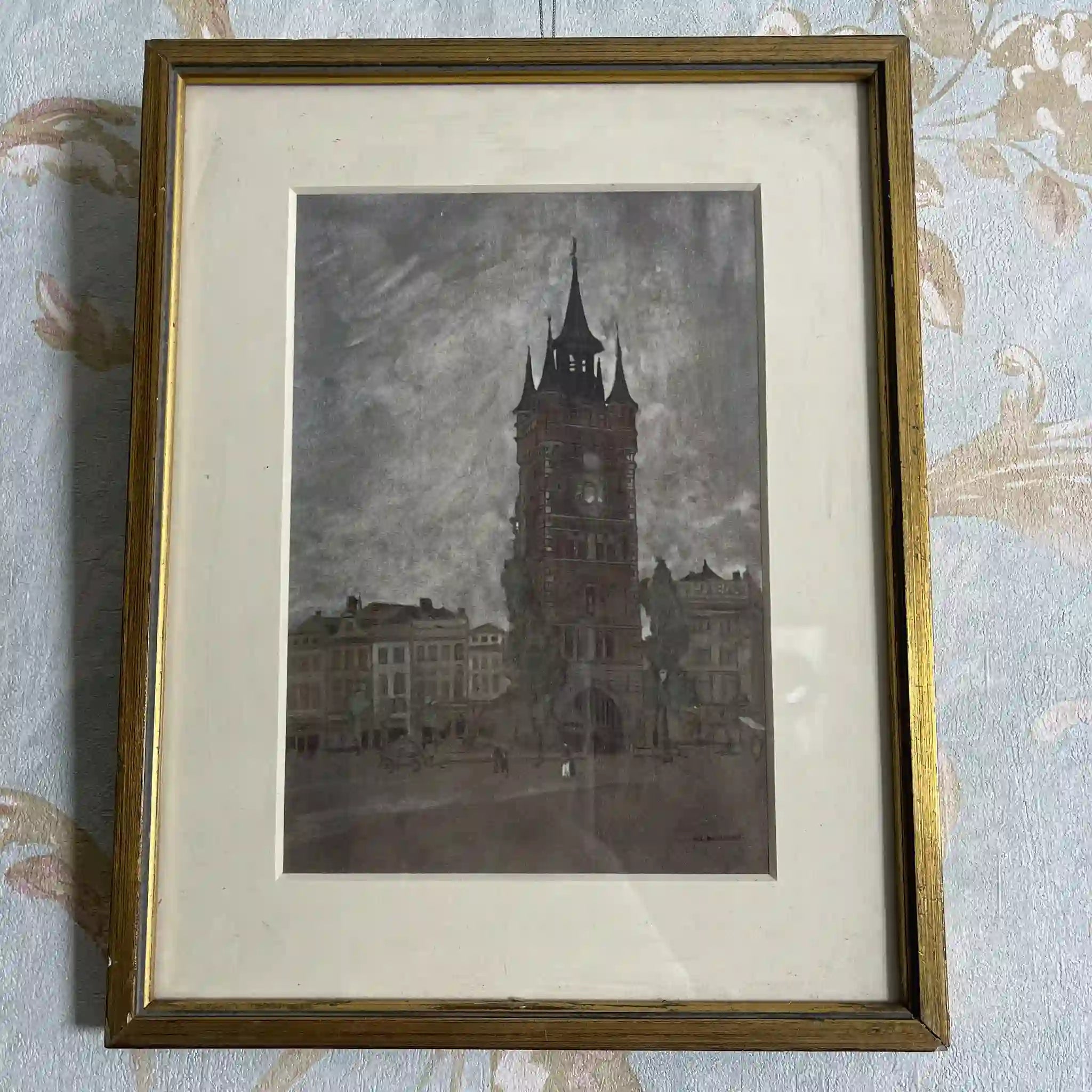 【复古】复制画/ w.l. BRUCKMAN /“Courtrai / The Market Place”/ 20世纪初(推测)/纸/英国/爱德华框架