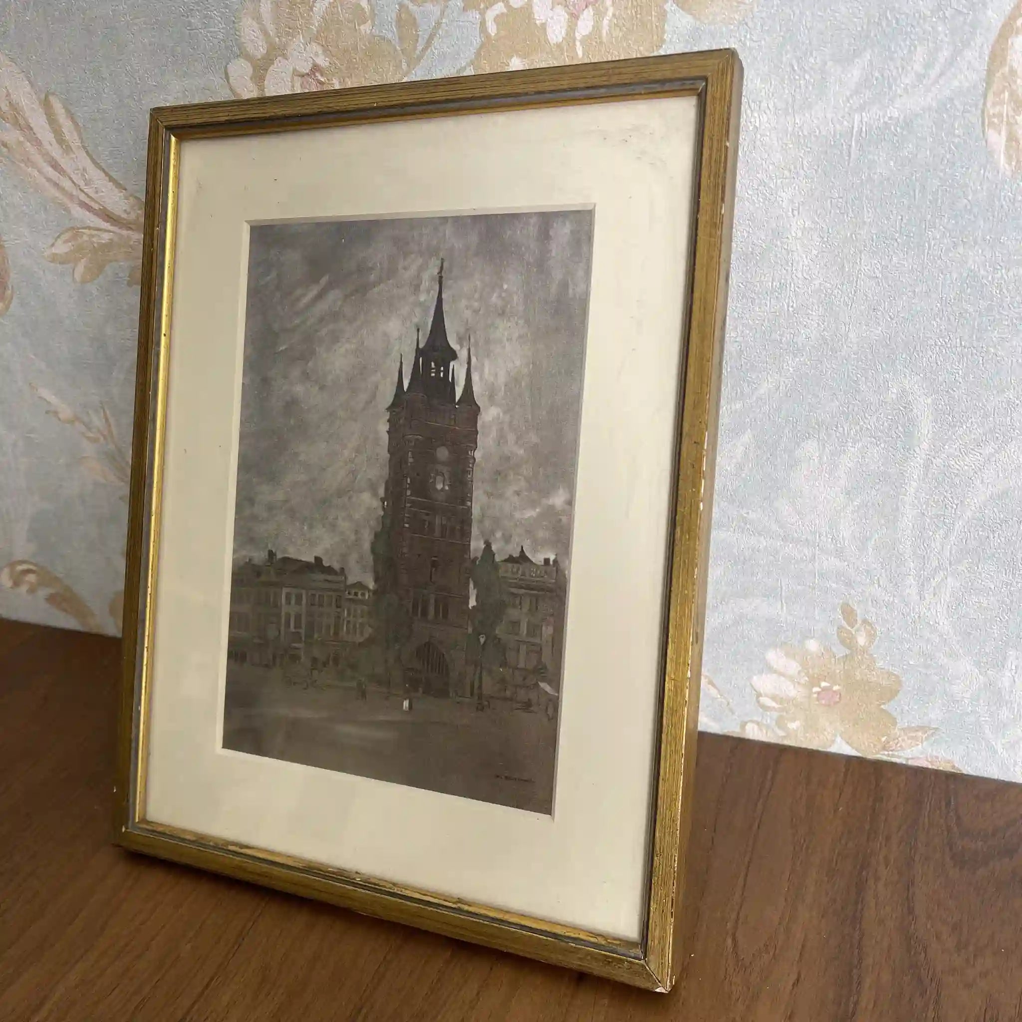 【复古】复制画/ w.l. BRUCKMAN /“Courtrai / The Market Place”/ 20世纪初(推测)/纸/英国/爱德华框架