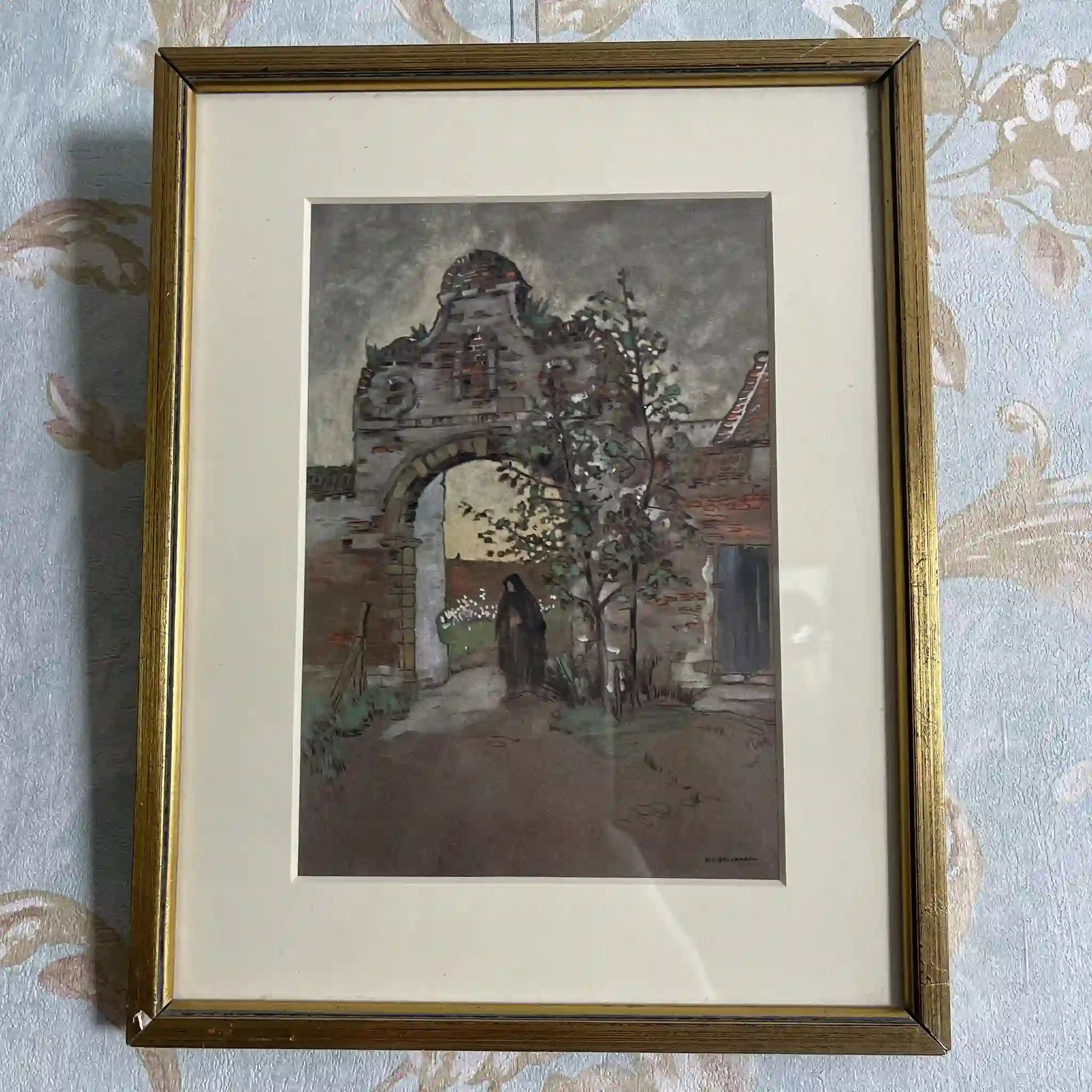 【复古】复制品/ w.l. BRUCKMAN /《Louvain / Entrance to Cloisters》/ 20世纪初(推测)/纸/英国/ 爱德华迪恩框架
