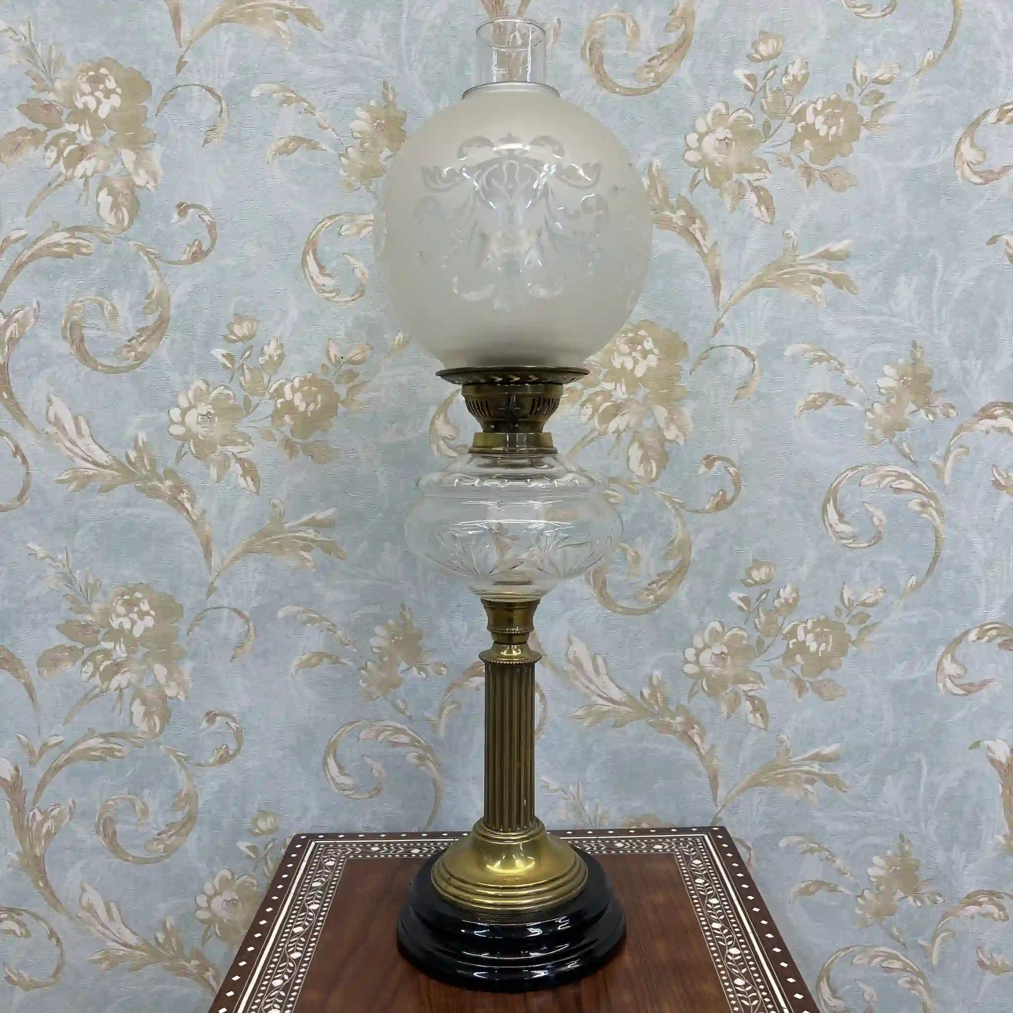 【古董】油灯/爱德华风格/估计1900年左右/玻璃/英国/蚀刻玻璃,双工燃烧器,切割水晶