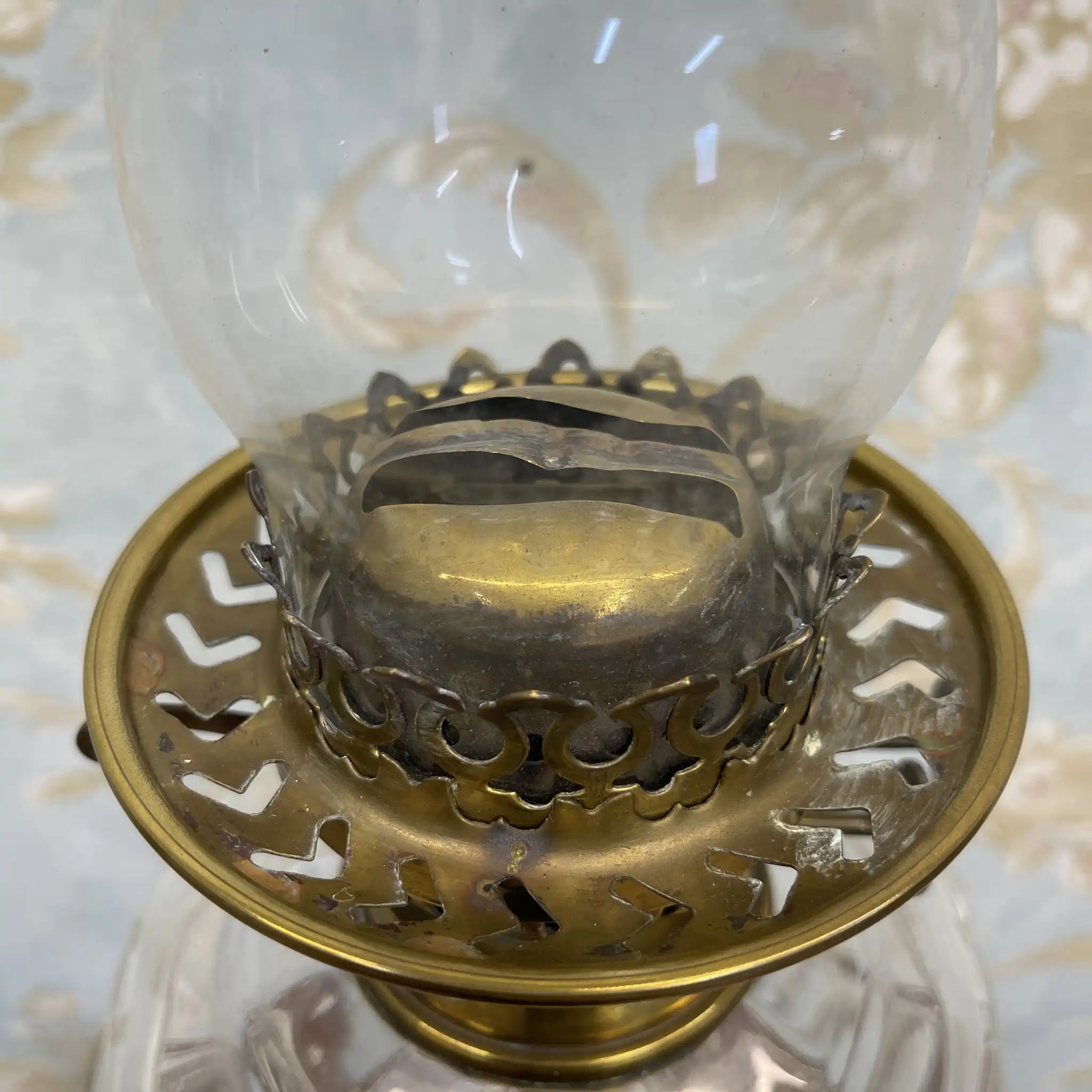 【古董】油灯/爱德华风格/估计1900年左右/玻璃/英国/蚀刻玻璃,双工燃烧器,切割水晶