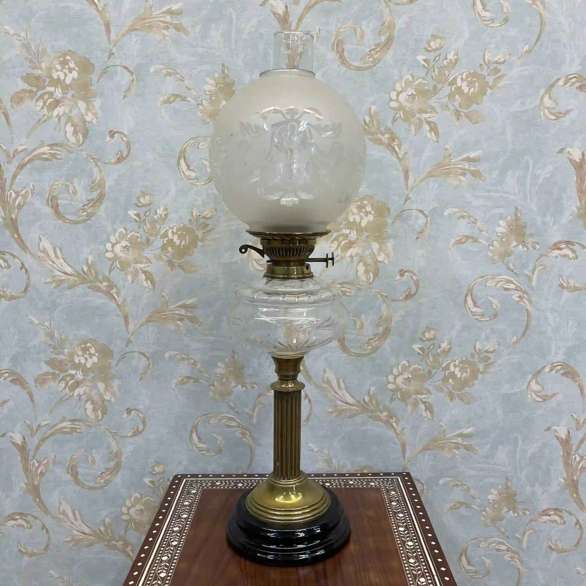 【古董】油灯/爱德华风格/估计1900年左右/玻璃/英国/蚀刻玻璃,双工燃烧器,切割水晶