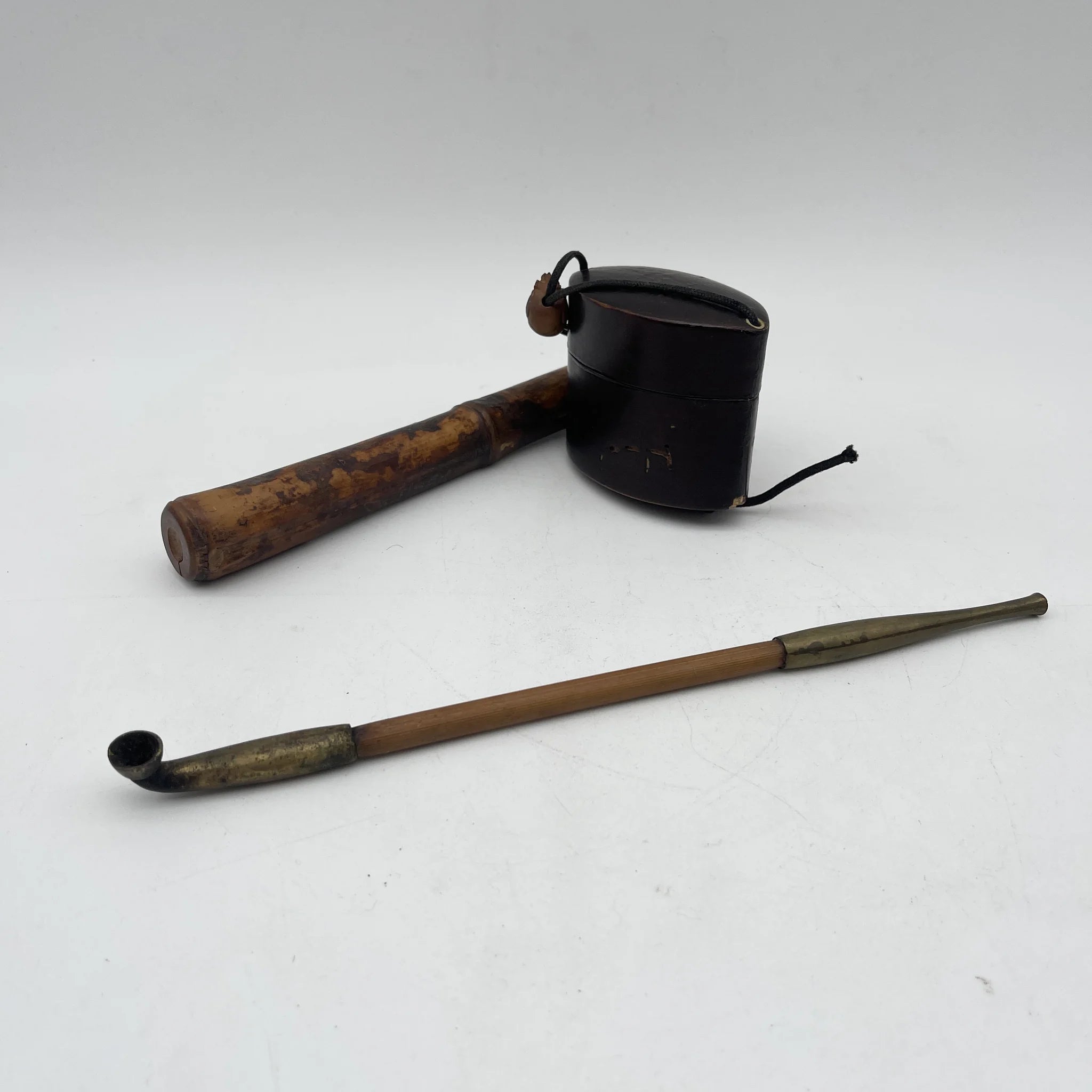 【古董】烟管、烟袋、叺3p套装/明治-昭和初期(推定)/黄铜/日本/罗宇烟管,折纸盒