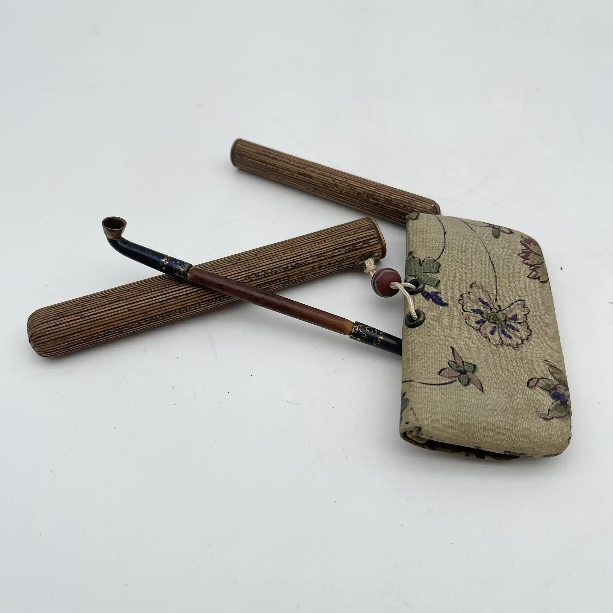 【古董】烟管、烟袋、叺3p套装/明治-昭和初期(推定)/黄铜/日本/罗宇烟管