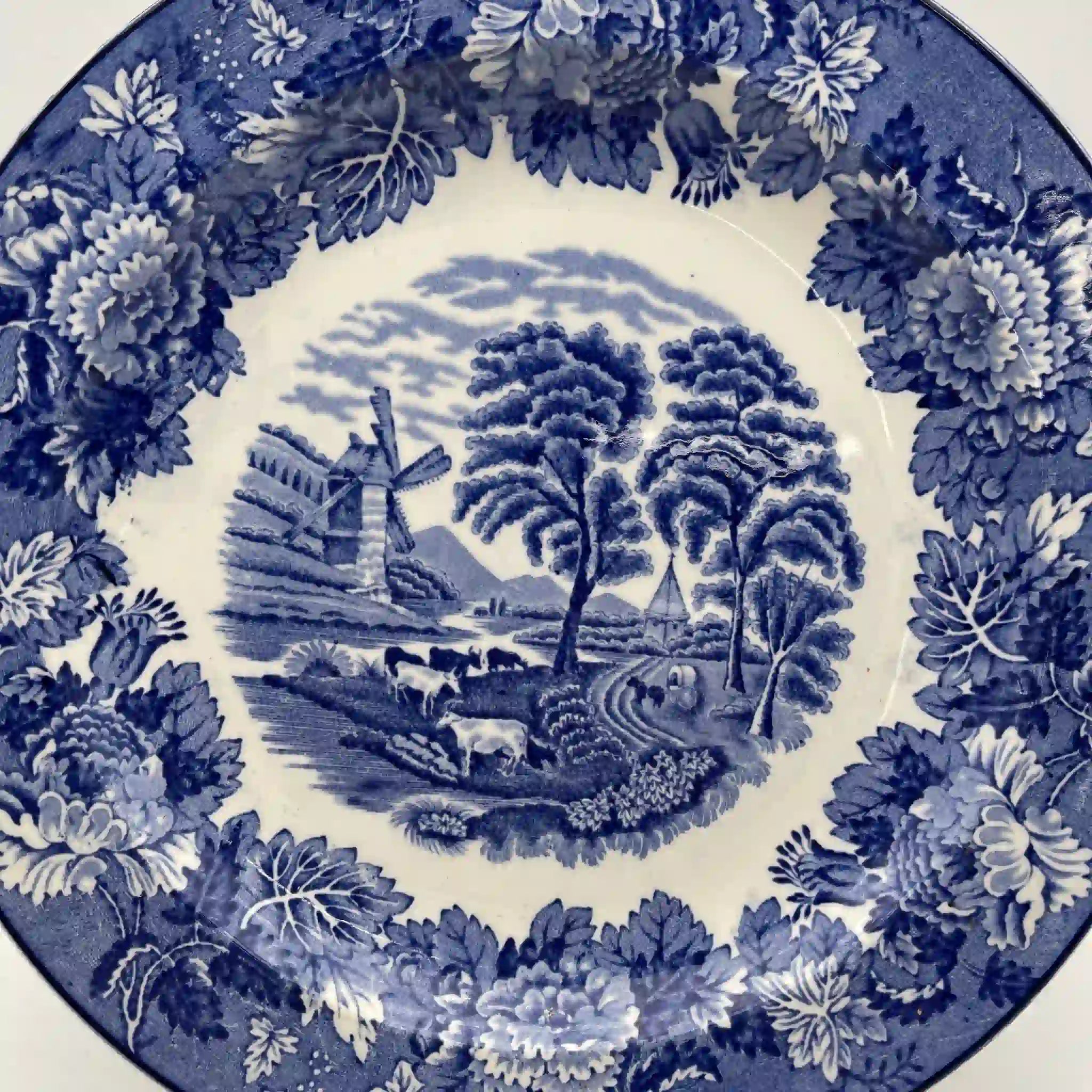 【复古】晚餐盘(主盘)/ Wood & Sons(伍德& Sons) / English Scenery / 1940-1960年代(推测)/ iron stone /英国 /蓝与白,铜版印刷,英国乡村风景