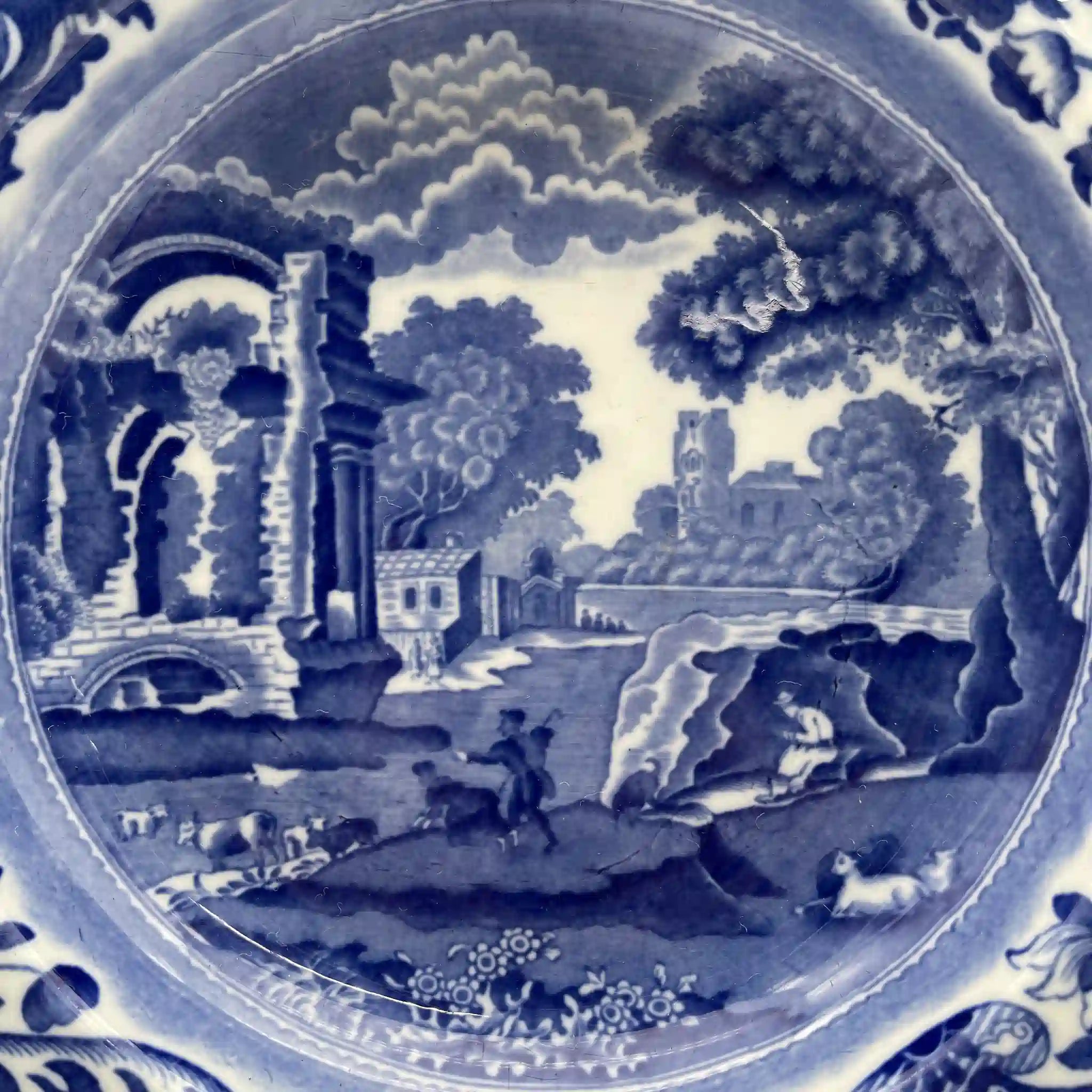 【古董】晚餐盘/ Spode / Blue Italian / 1890-1920年代/陶器/英国/蓝与白,铜版转印, 古罗马遗址